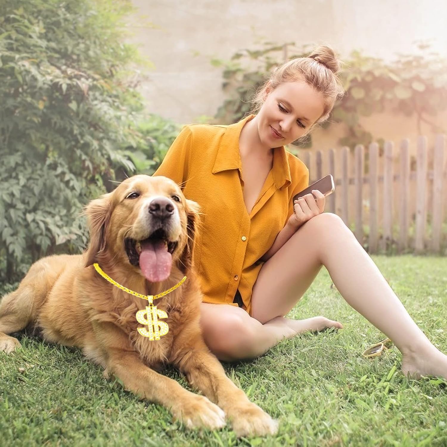 FUNKA Gold Chain Dog Collar Adjustable Cuban Link Dog Necklace with Crystal Dollar Sign Pendant Cute Fashion Pet Jewelry Chain Puppy Cat Costume Outfits Accessories with Extender Chain