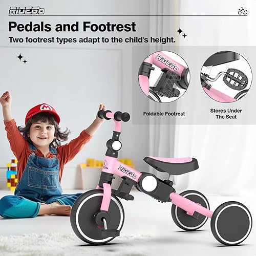 Miniatura 5 de Ridego Triciclo 5 en 1 para niños pequeños de 3 a 5 años, bicicleta plegable con mango de empuje y soporte para tazas, bicicleta de equilibrio ideal