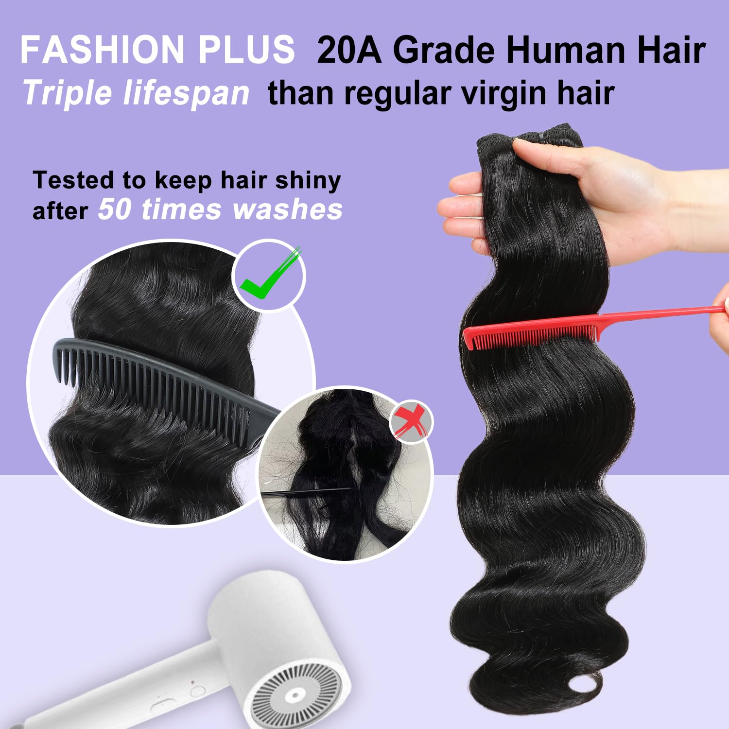 FASHION PLUS 20A Body Wave Bundles Human Hair, Raw Bundles Human Hair with 5x5 Lace Closure (22 24 26+20) Inch and 100% Unprocessed Virgin Hair Extensions Triple Lifespan, No Tangle No Shedding image 5