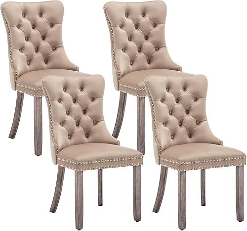 Miniatura 28 de Juego de 4 sillas de comedor de terciopelo, sillas de comedor tapizadas con ribete con tachuelas y tirador de anillo, sillas con respaldo alado con