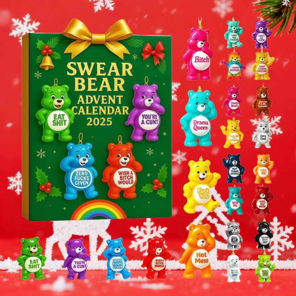 Swear Bear Advent Calendar, with 24 Cute Bear Ornaments, for Holiday Decorations and Funny Gifts