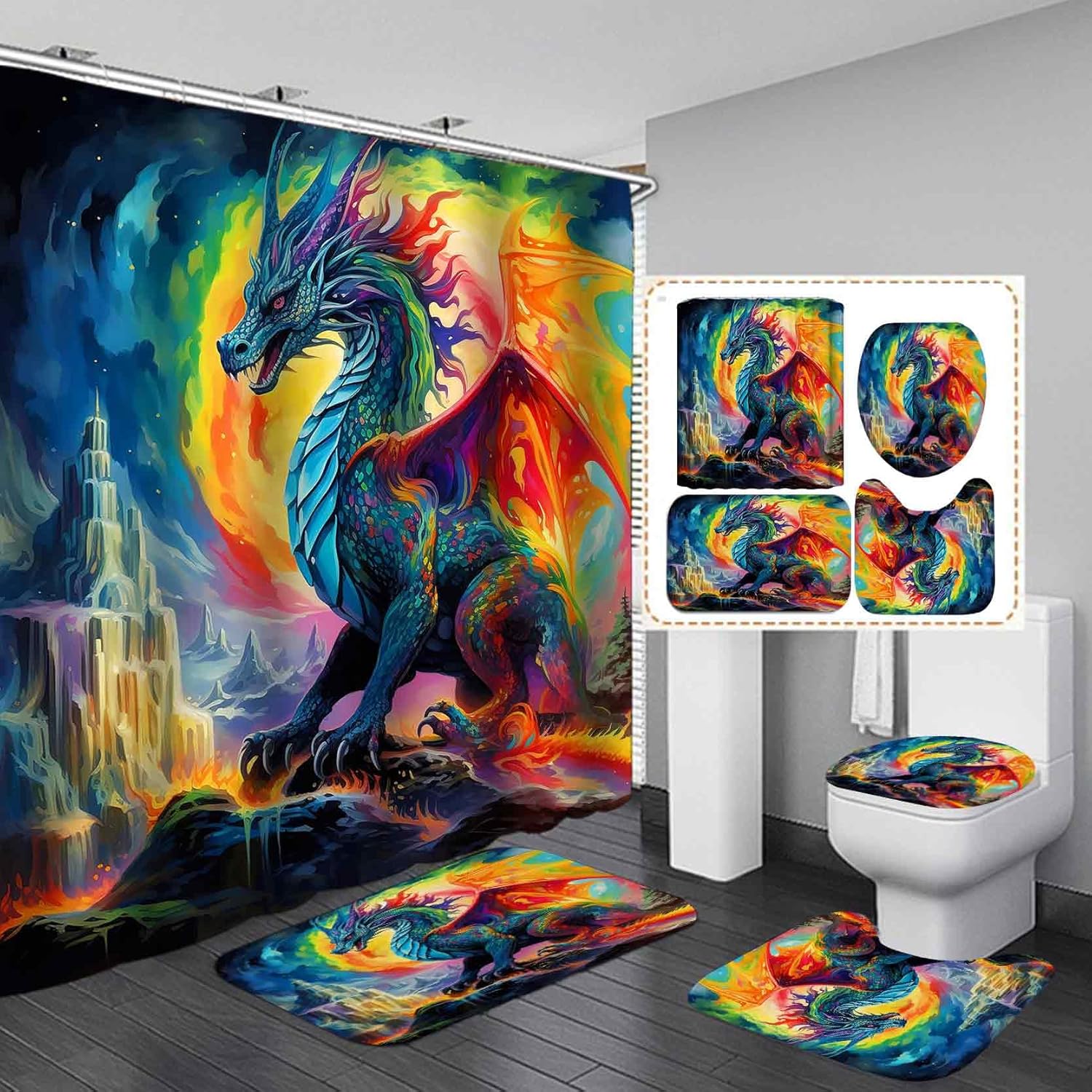 4PCS Dragon Shower Curtain Set, Medieval Mythical Creature Fantasy Animal Cool Dragon Bathroom Decor for Boys Kids Teens, Waterproof Fabric Shower Curtain, Non-Slip Bath Mats Toilet Rugs