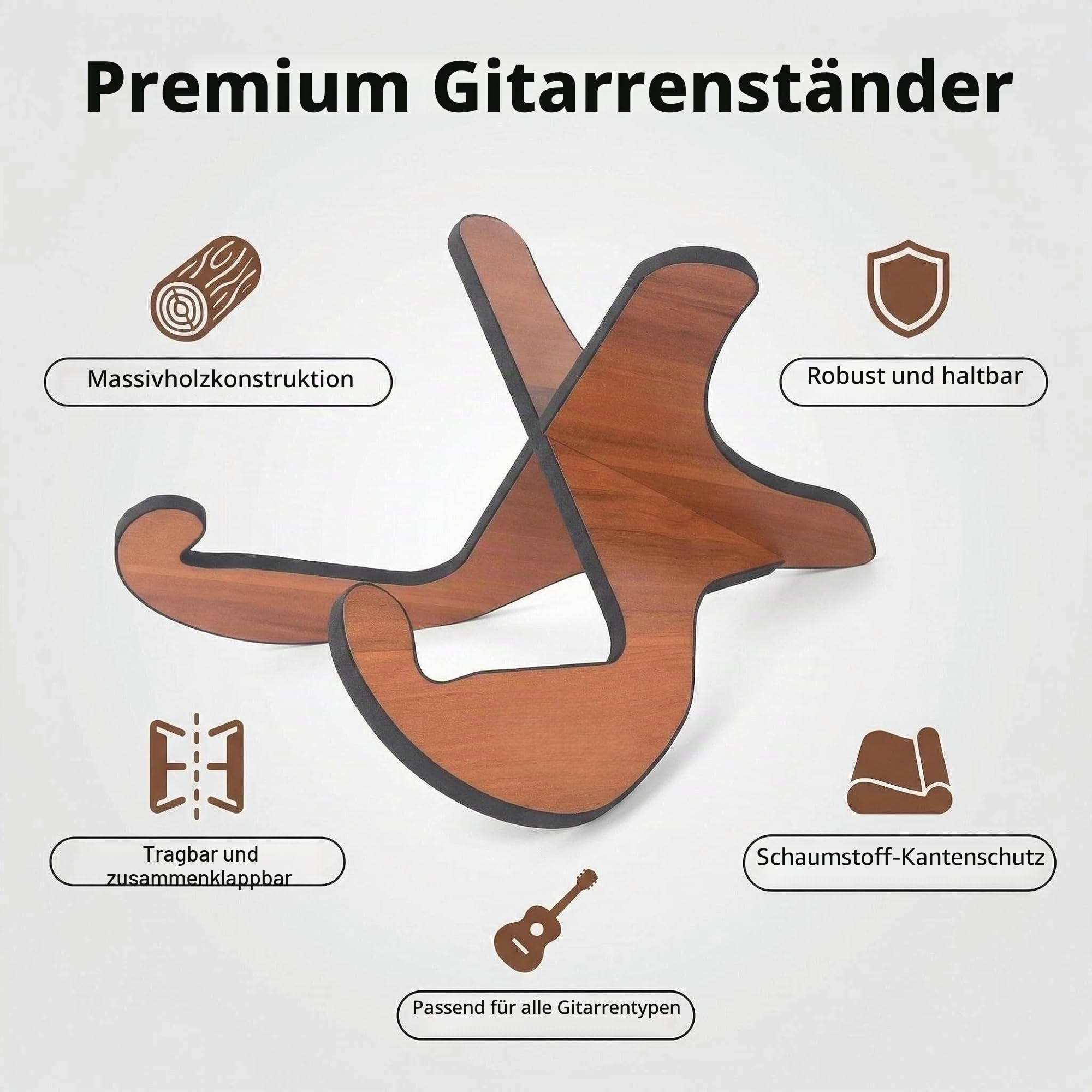 Gitarrenständer Boden Holz - Universeller klappbarer X-Rahmen abnehmbar rutschfester tragbarer Holz Gitarrenständer mit Gummibeschichtung an den Kanten für Akustik-, E- und Bassgitarren - Braun