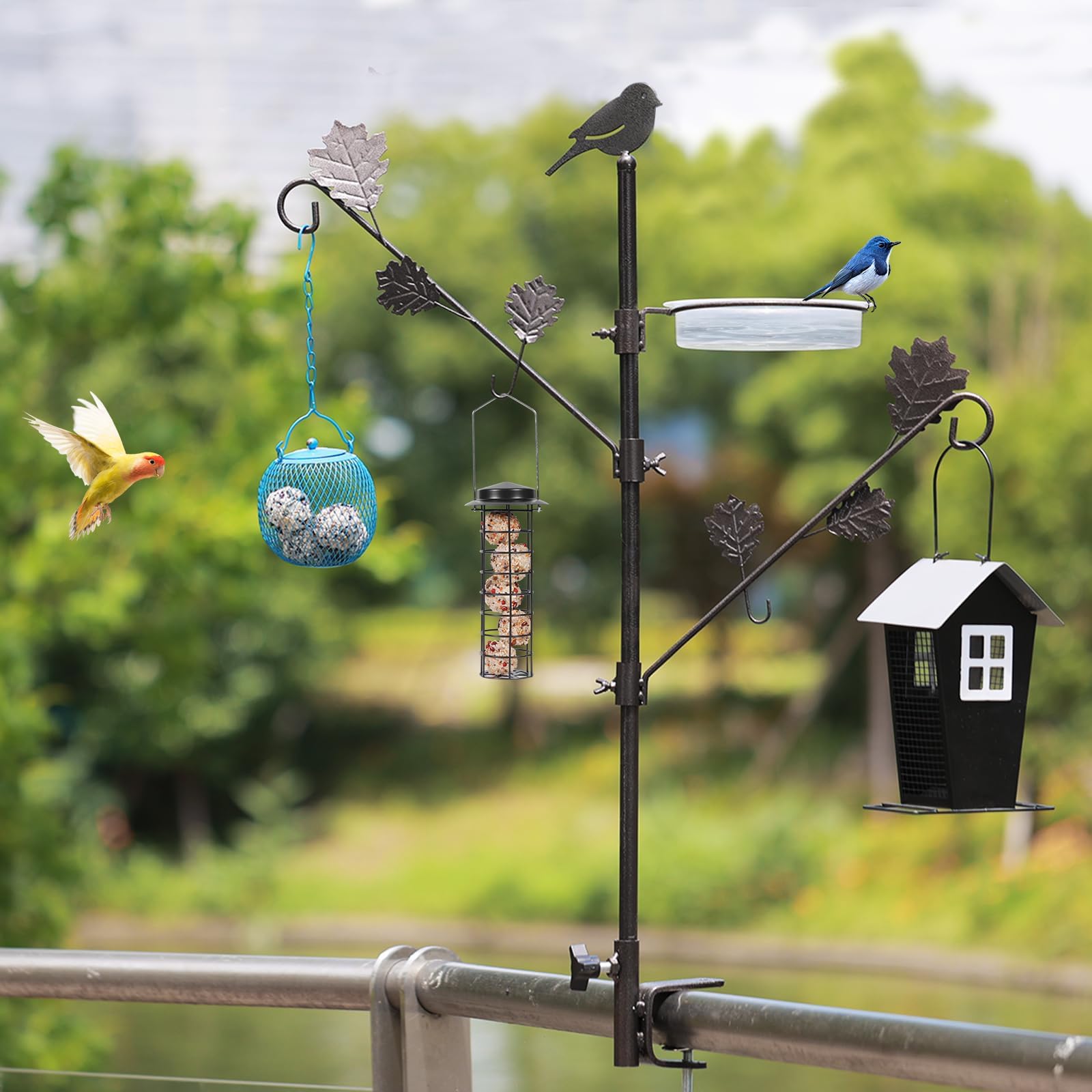 ERYTLLY 42 Zoll Deck Vogelfutterstation Kit, Wildvögel Vogelfutterstation für draußen hängende Pflanzen Halter Deck Pole Veranda Multi-Haken Vogelfutterstation mit Wasserschale für Balkon, Garten und