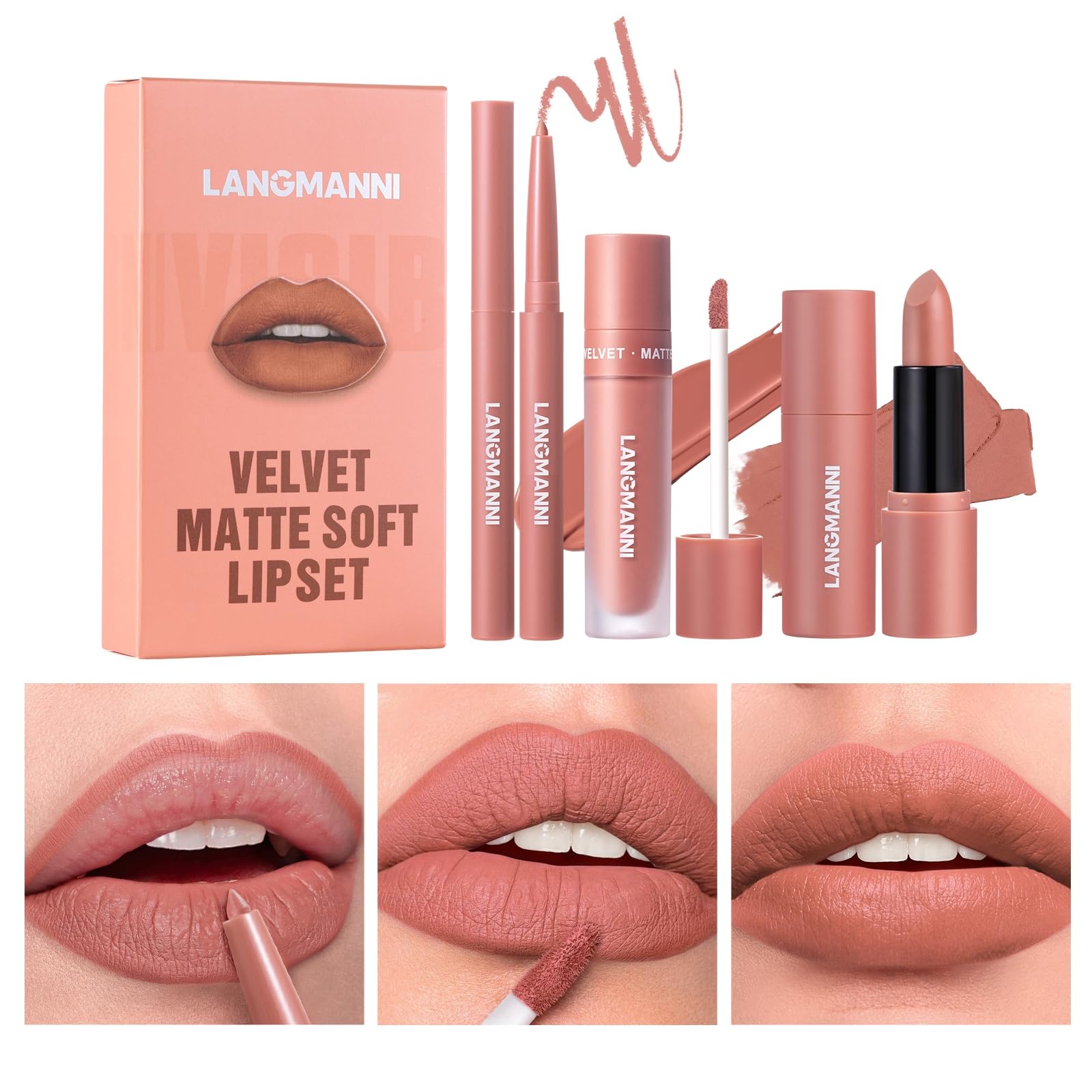 3PCS Matte Liquid Lipstick Lip Gloss & Liner Set - All-IN-One Lip Kit, Velvety Nude Color, Waterproof Make Up Set (# 02)