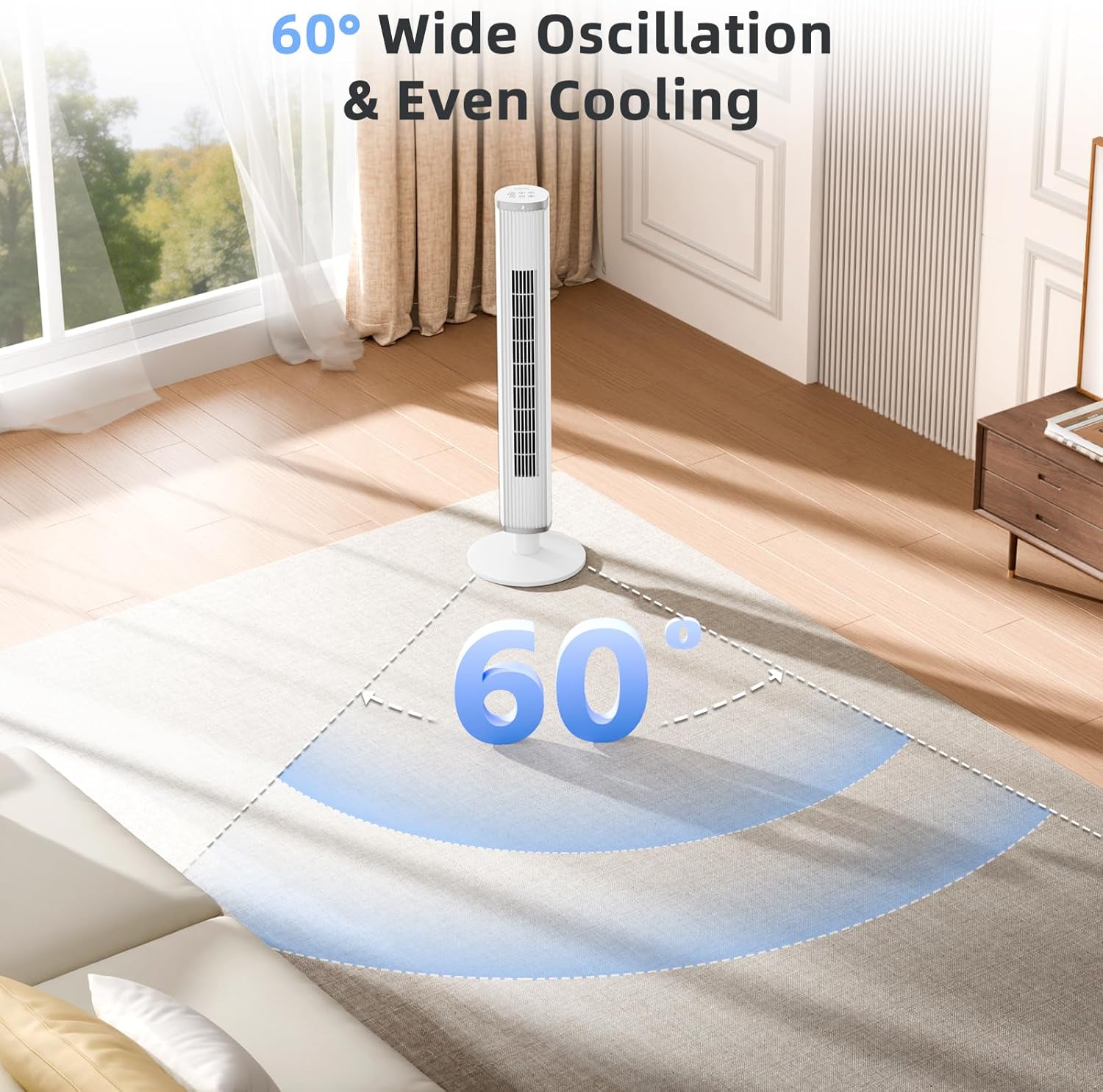 COWSAR 41-Inch Bladeless Tower Fan, Quiet Cooling for Bedroom with 6 Speeds, 4 Modes, 24H Timer, 60° Gentle Oscillation, Space-Saving Floor Fan for Home Office Indoor Use, White