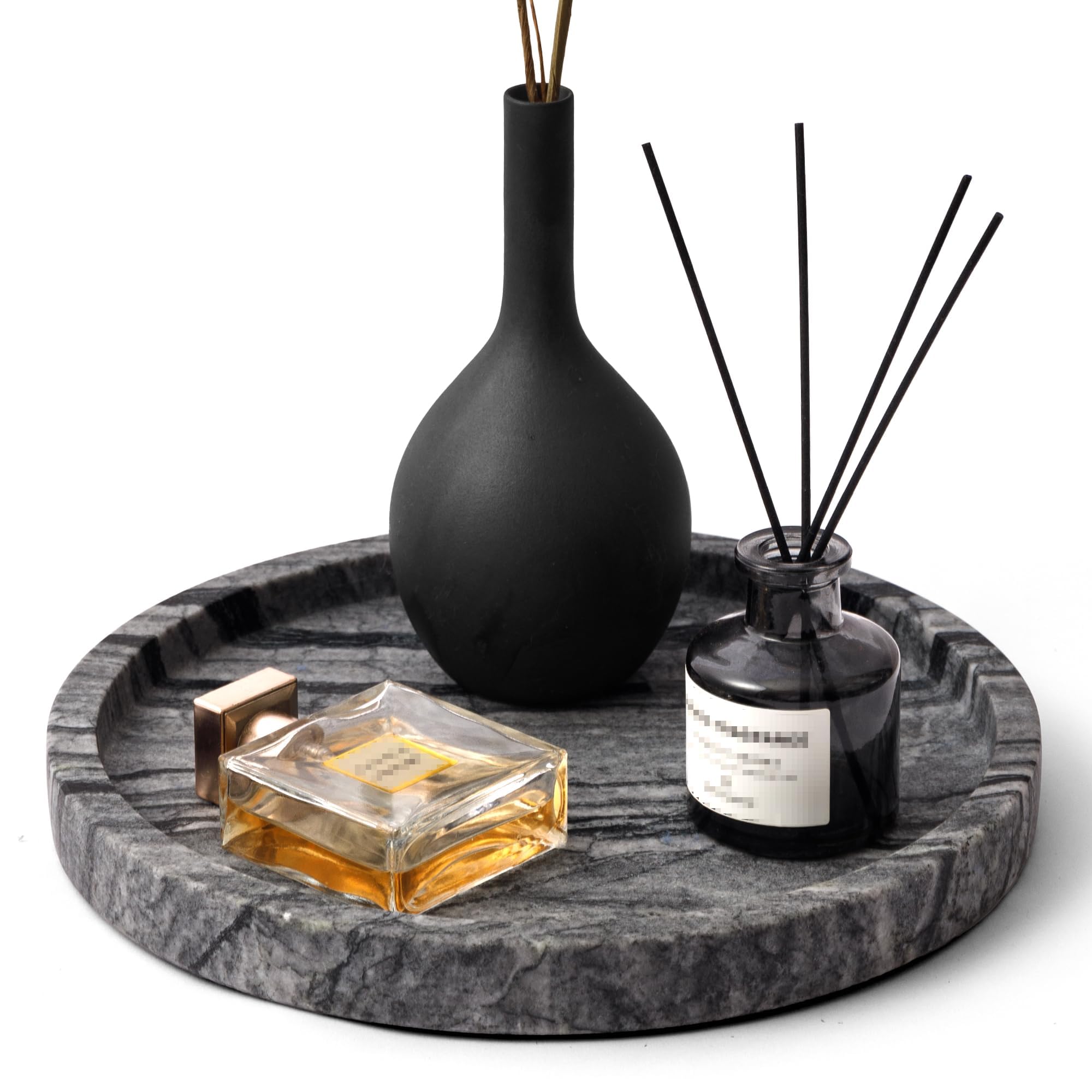 Bandeja redonda de mármol para joyas, 24 cm de diámetro x 2,5 cm de alto, bandeja decorativa | para mesa de centro sala de estar escritorio cocina baño, negro gris (WH017)