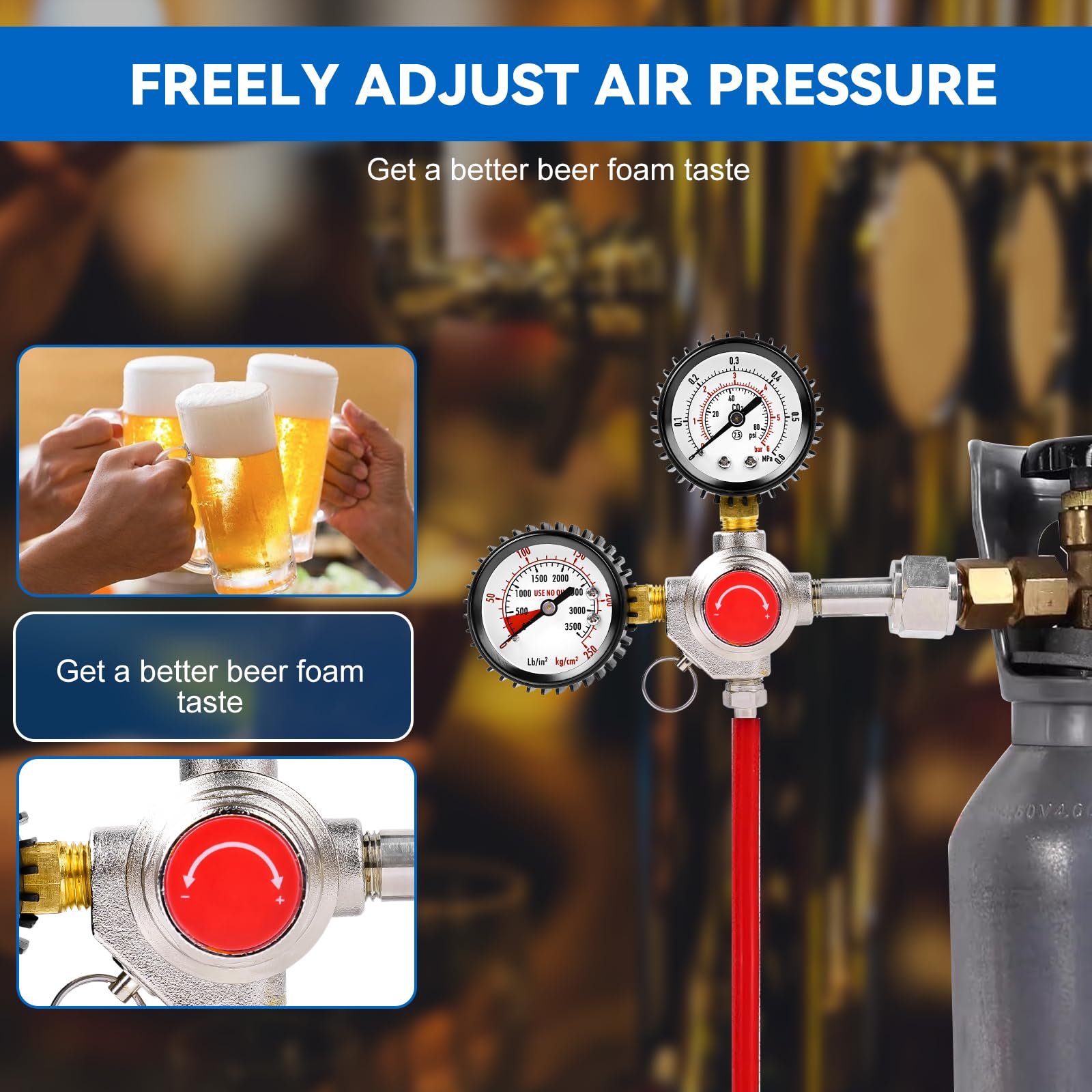 Regulador de Presión CO2, Sistema Dispensador de Cerveza Reductor de Presión con 2 Manómetros Conexión W21.8 x 1/14" Reductor de CO2 para Elaboración de Cerveza