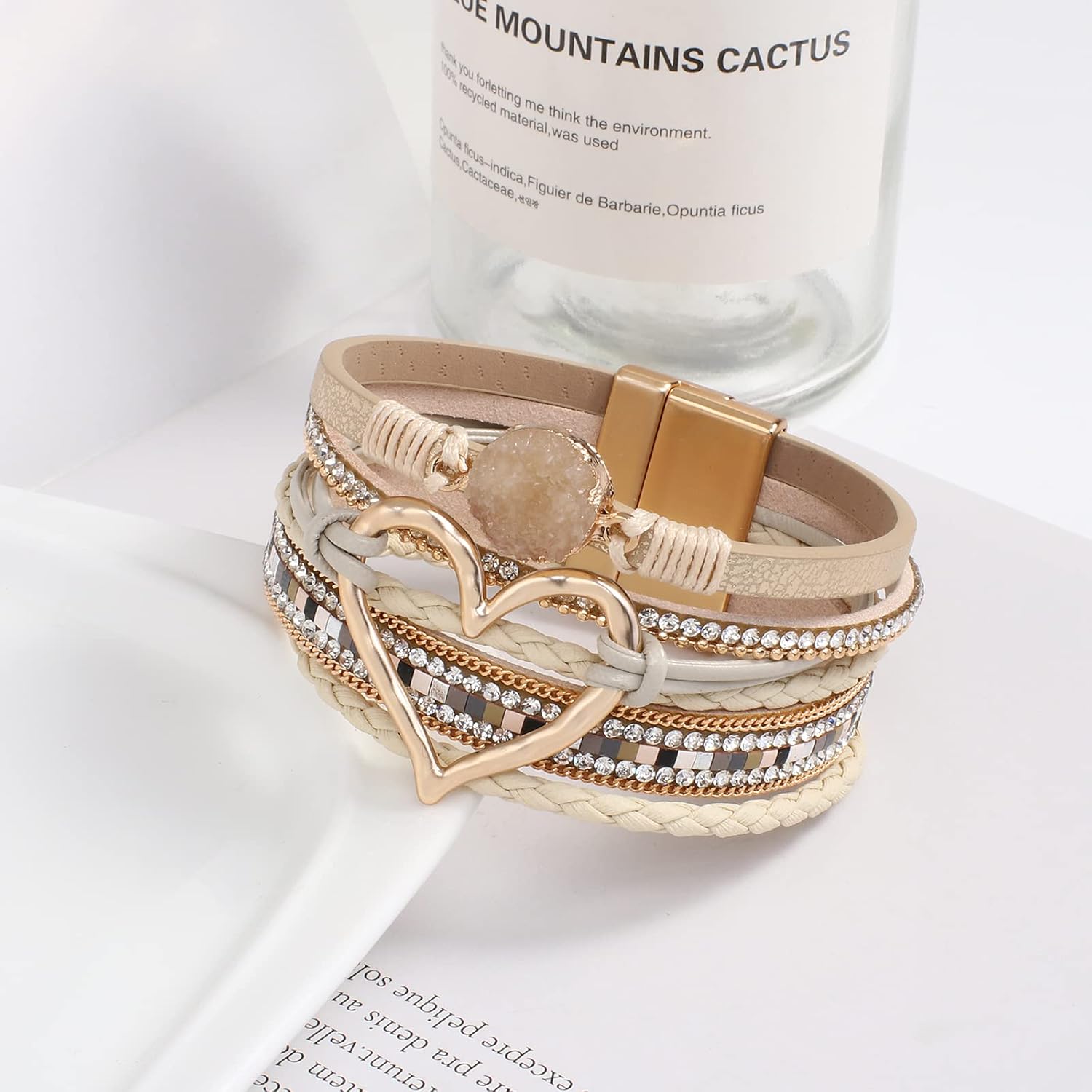 Leather Wrap Bracelet for Women Beaded Cuff Bracelet with Heart-shape Decor Bohemian Crystal Bracelet Jewelry with Clasp Bangle Bracelet for Women Girls Birthday Holiday Gift - Image 5