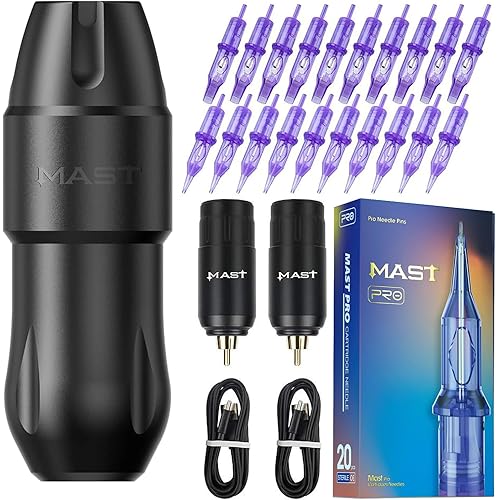 Mast Tattoo Tour Pro Pen Machine Kit, Two Wireless Cordless Batteries Power Supply, 20Pcs Cartridges Needles for Pro Tattoo & Scalp - Fine Tattoo Kit