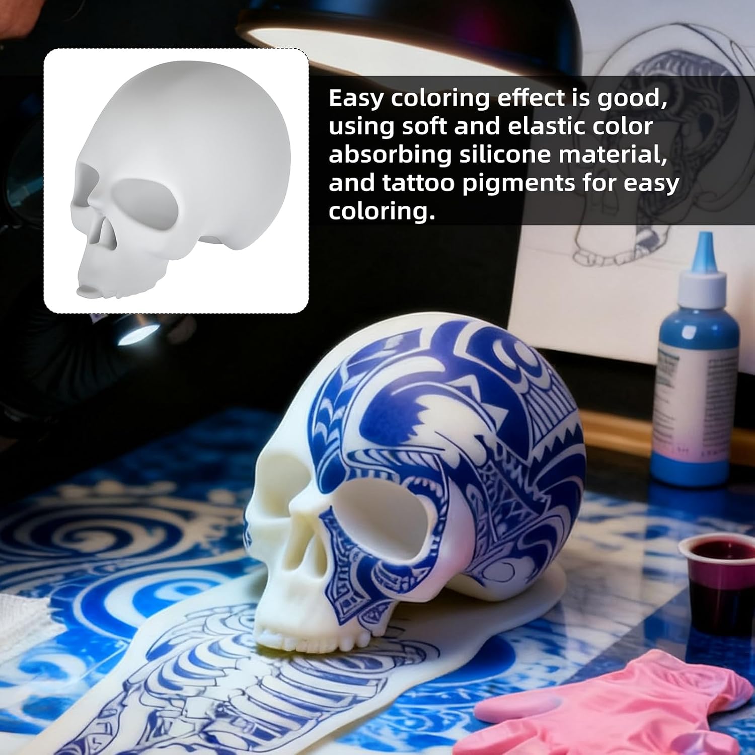 ATOMUS Tattoo Skull Model Silicone Tattoo Practice Skull Head 3mm Tattoo Fake Skin for Professional Tattoo Artist