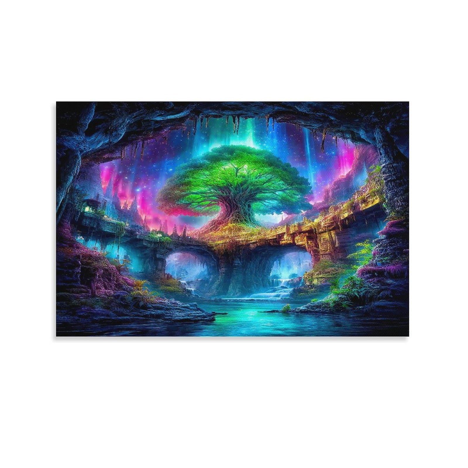 CPLVKWRQJ Stained Glass Tree of Life Single Piece Glowing Magical Cave Ancient Green Tree Framed Wall Art - Living Room Gallery Wall Focal Point Ready to Hang Decor 08x12inch(20x30cm)
