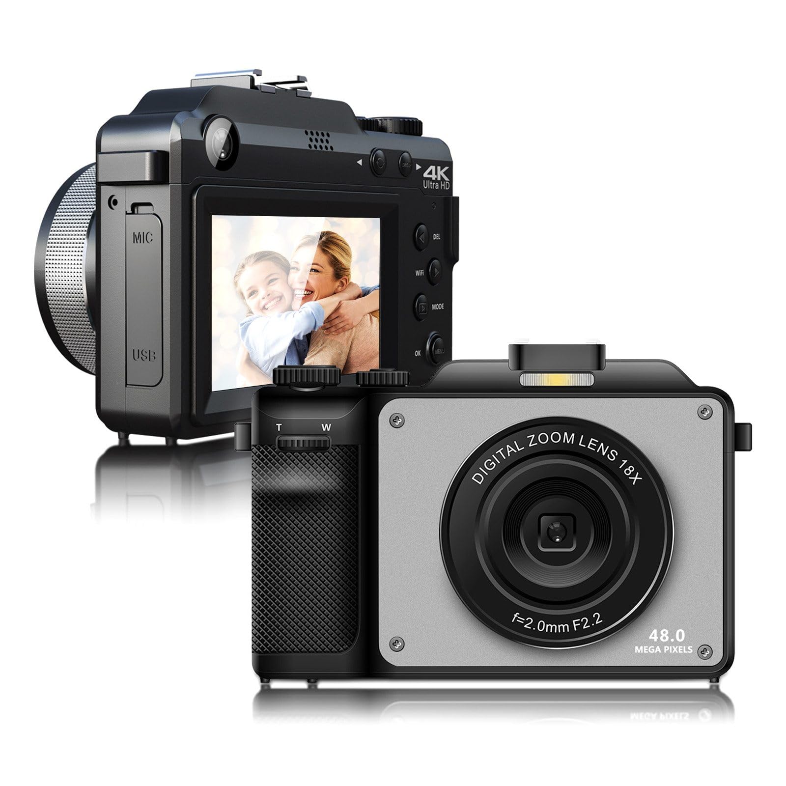 Cámara Digital CCN de 48 MP, 4K HD 1080p, 7 filtros de Color Integrados, Zoom Digital de 18x con cámaras duales (Frontal y Trasera), Tarjeta TF de 64 GB, Wi-Fi, Gris