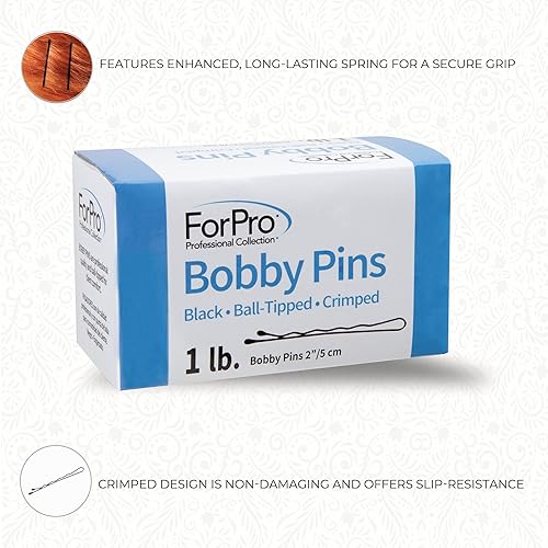 Miniatura 5 de ForPro Professional Collection Bobby Pins (400 unidades aproximadamente), negro, 2 pulgadas de largo, con punta de bola, rizado, antideslizante, no