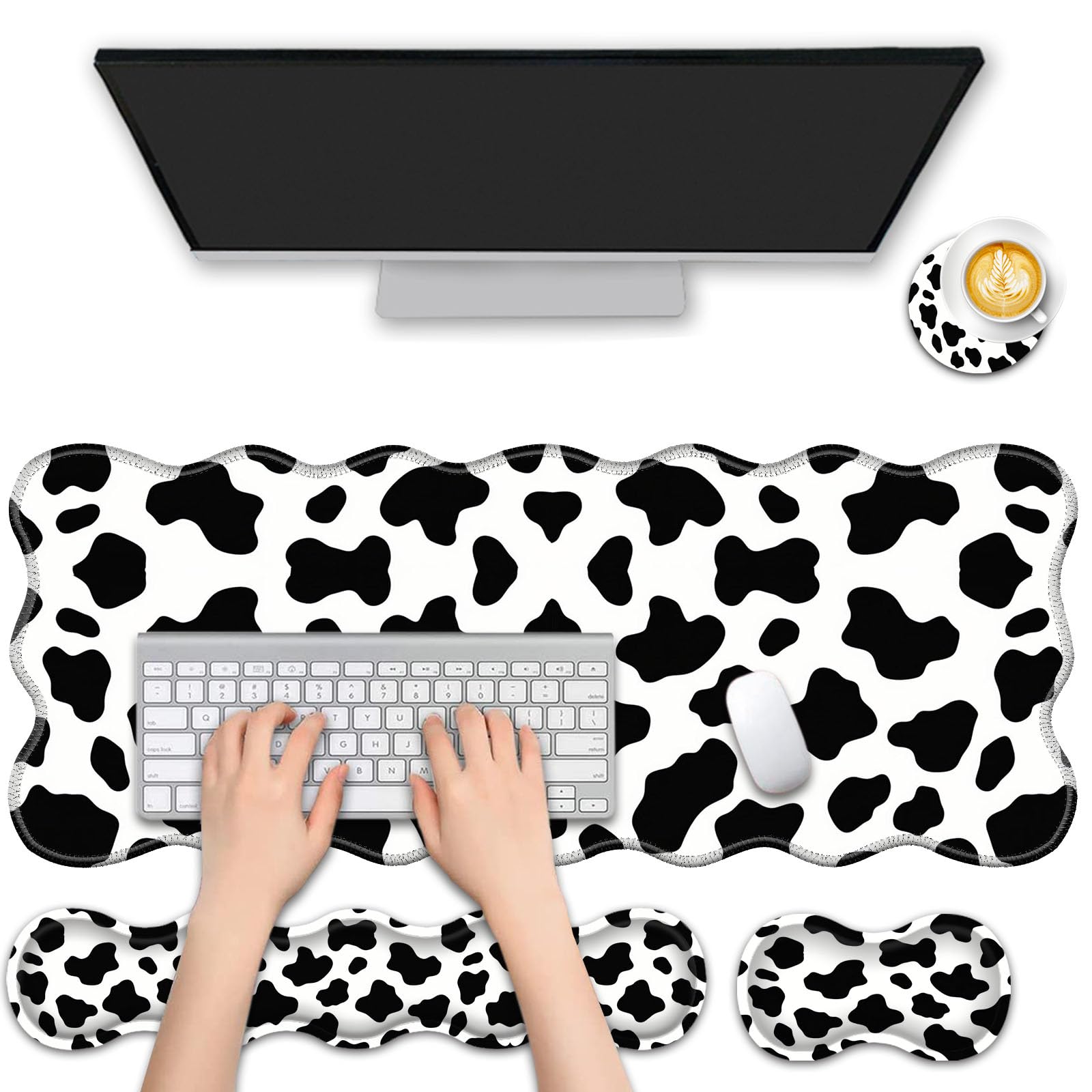 FGDRFGRW 4 in 1 Desk Mat Set,Mouse Pad with Keyboard Wrist Rest,Wave-Shaped Design,Non-Slip Rubber Base,Waterproof,for Home,Office,Gaming,Cute Cow