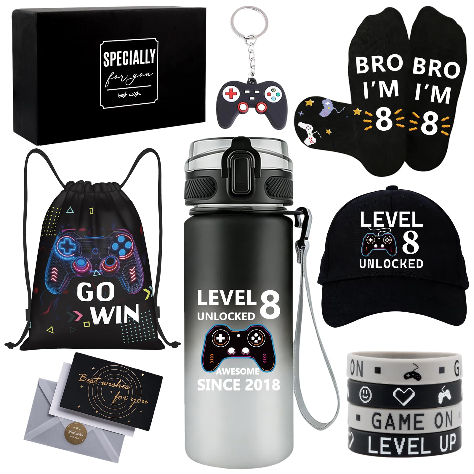 8 Year Old Boy Gifts, Birthday Gifts for 8 Year Old Boys, Cool Game Theme LEVEL 8 UNLOCKED Gift Set with Water Bottle Baseball Cap Socks Bag Keychain Wristbands, 8th Present for Son Grandson Nephew