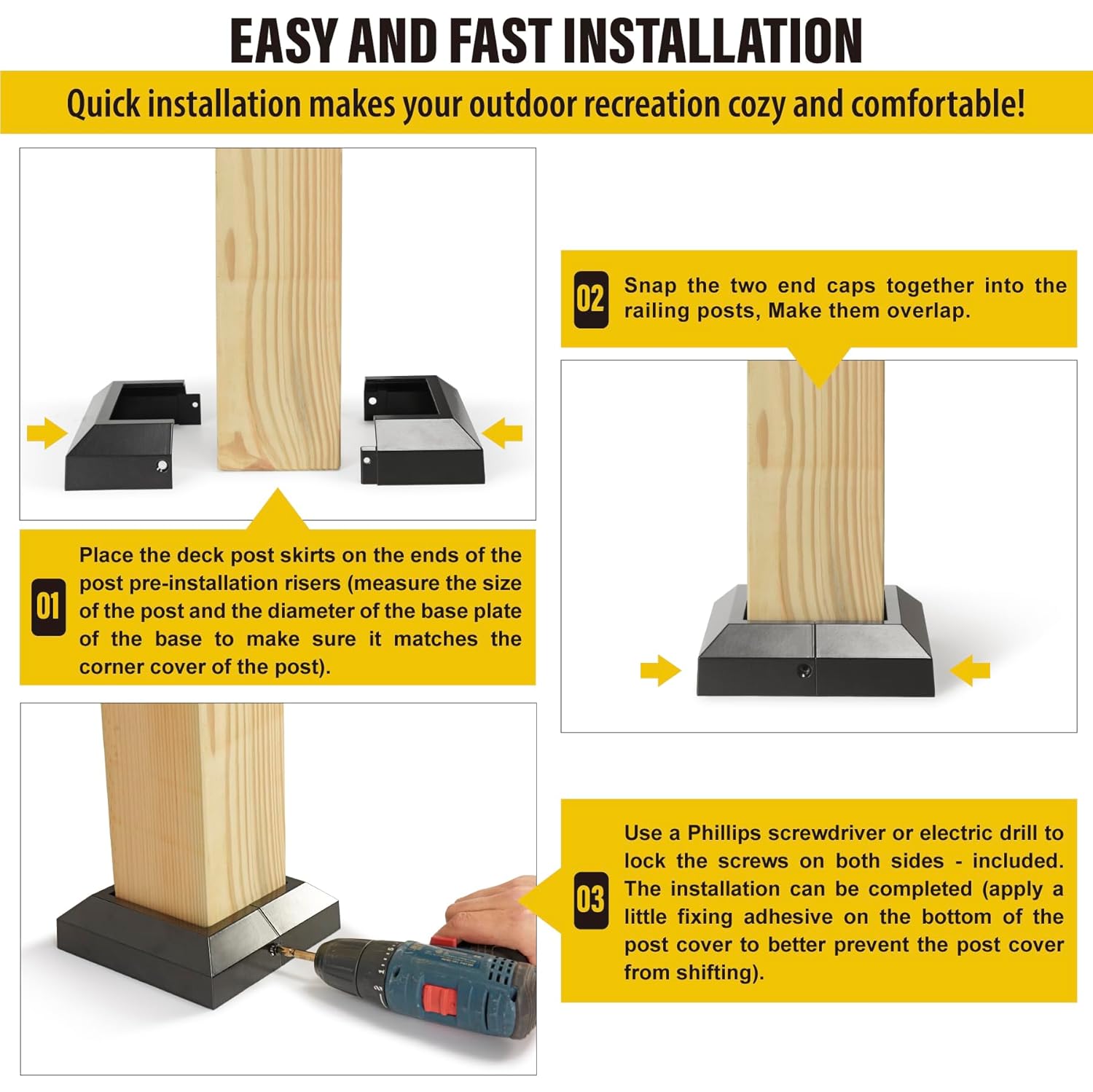 4Pack 4"x4" Aluminum Deck Post Base Cover, Split Post Cover Skirts for Deck Railings丨Stairs丨Porches Black