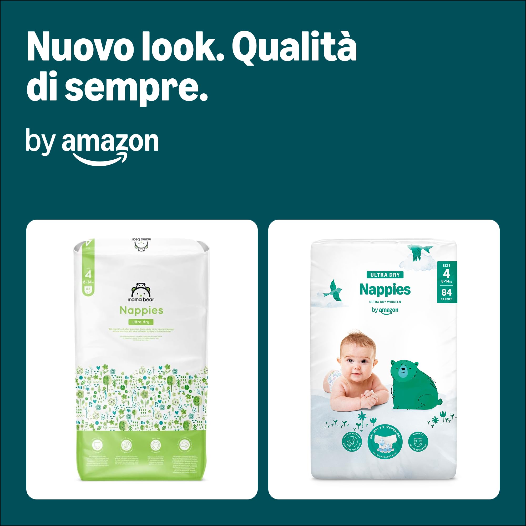 By Amazon Pannolini ultra asciutto - Taglia 4 (8-14 kg) - Con canali d'areazione, Bianco, 168 Unità (2 confezioni da 84) - Nuova versione (Precedentemente un marchio Mama Bear, stesso prodotto)