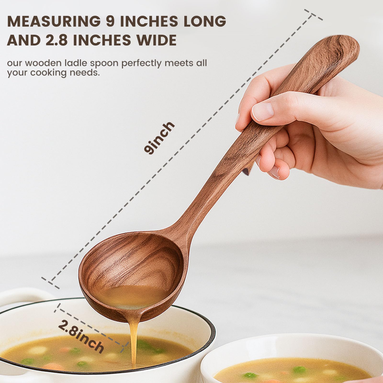 HANSGO Cucharón de madera, cucharas de madera antiadherentes de 9 pulgadas, cucharas de cocina para sopa, para revolver, servir y cocinar