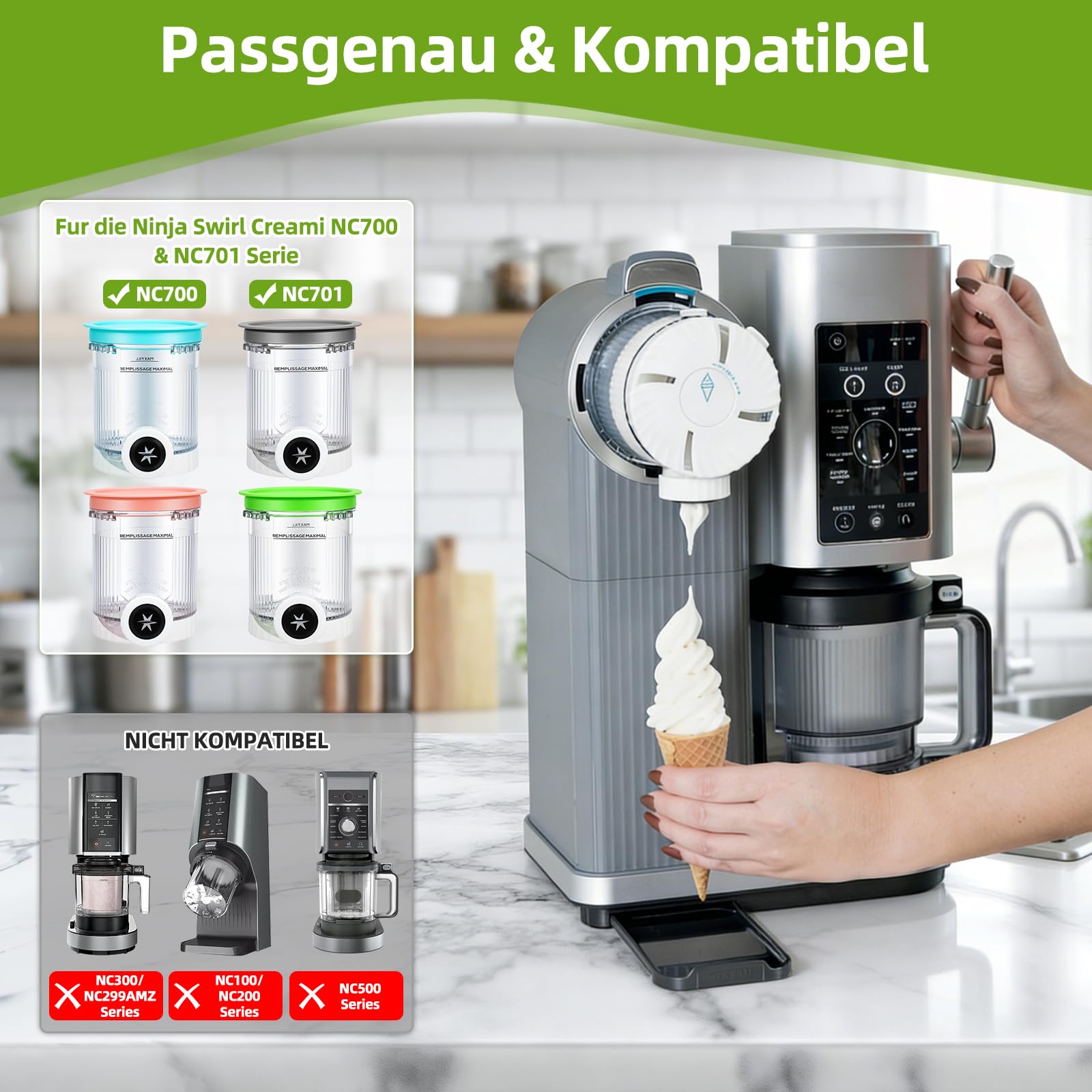 4 Stück Behälter für Ninja Swirl CREAMi,480 ml Creami Tubs Kompatibel mit Ninja CREAMi Softeismaschine und Eismaschine NC701UK NC701 NC700 Serie,BPA-Frei Spülmaschinenfest