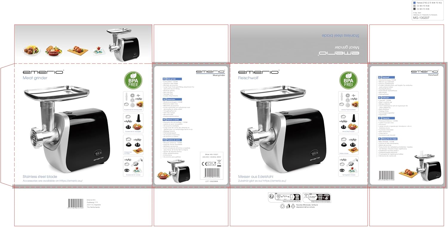 MG-130207 Electric Food Grinder, Meat Mincer (3 Fine/Medium/Coarse Meat Inserts), Sausage Accessory, Kebbe Accessory, Cookie Attachment for 4 Cookie Molds, BPA Free