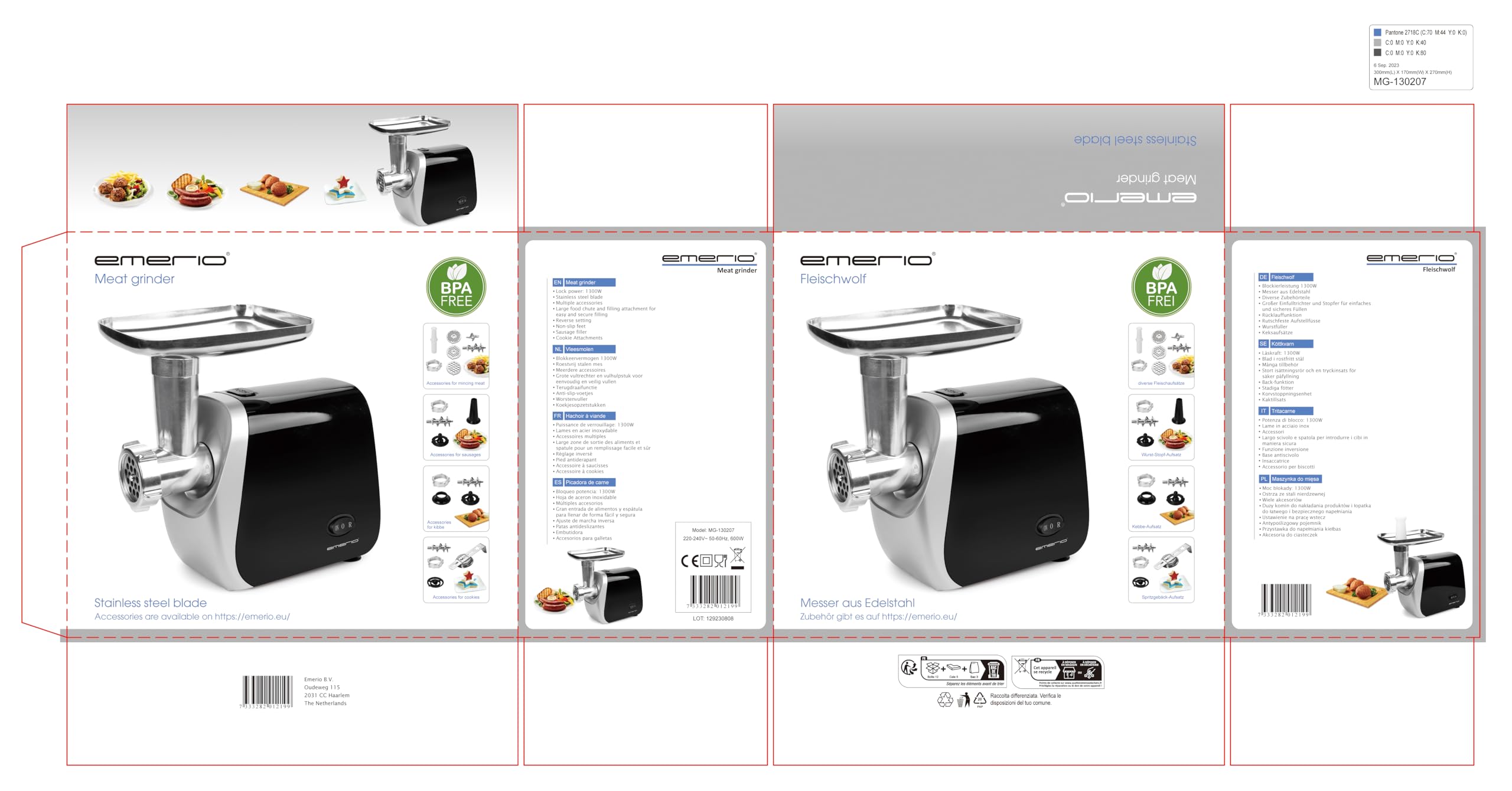 Emerio Tritacarne | elettrico | 3 inserti per carne (fine/medio/grossolana) + inserto per salsiccia + inserto per kebbe+inserto per biscotti per 4 stampi per biscotti | senza BPA | Avanti e ritorno |