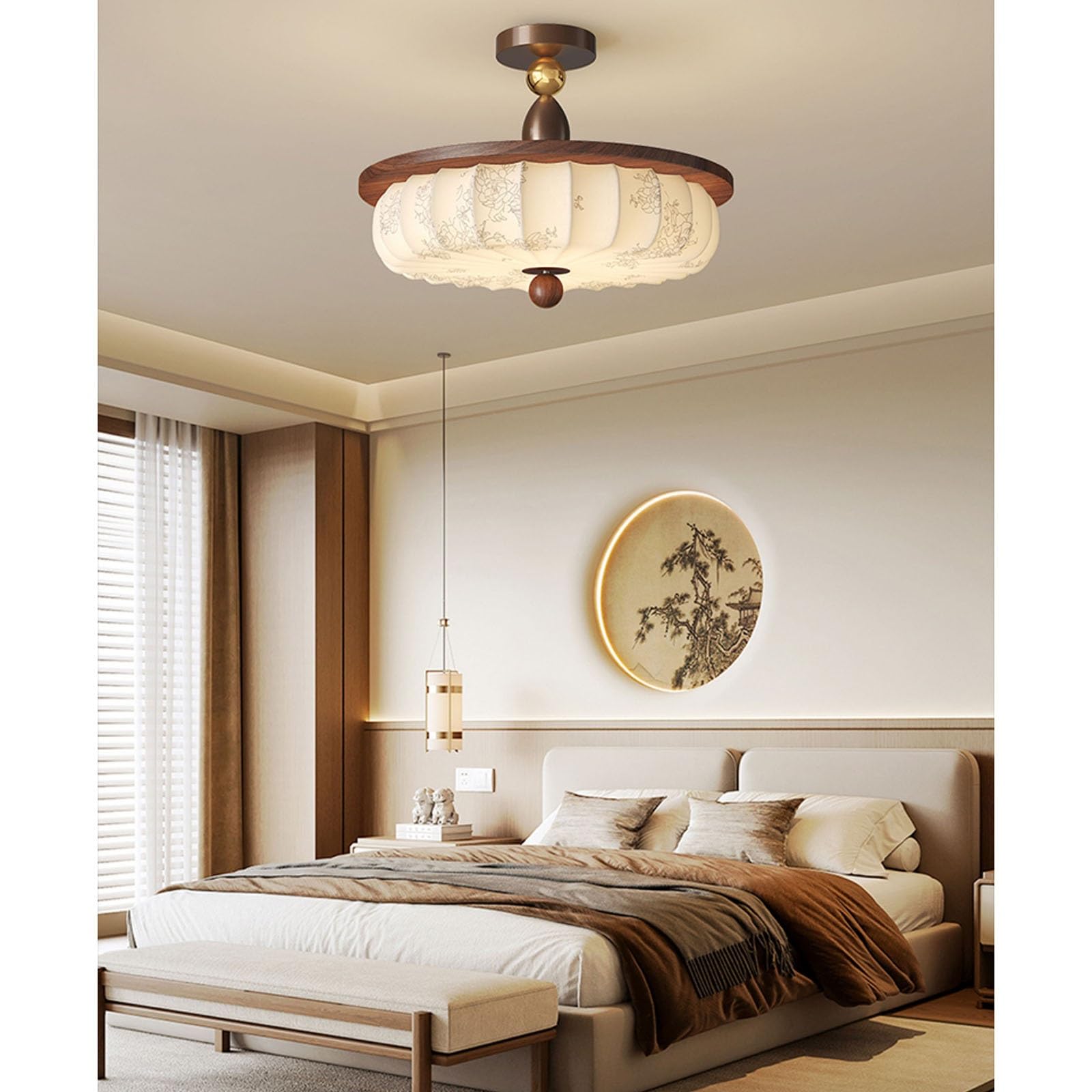 Nowoczesna Lampa Sufitowa z Abażurem z Tkaniny w Kwiaty, Wykończenie w Kolorze Orzecha Włoskiego, ściemnialna Lampa Sufitowa, Eleganckie, Delikatne Oświetlenie do Salonu, Gabinetu, Biura(45cm/17.7in)