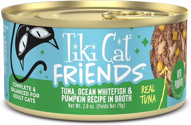 Ração úmida para gatos adultos TIKI PETS com atum, peixe branco do oceano e abóbora, lata com 79 g