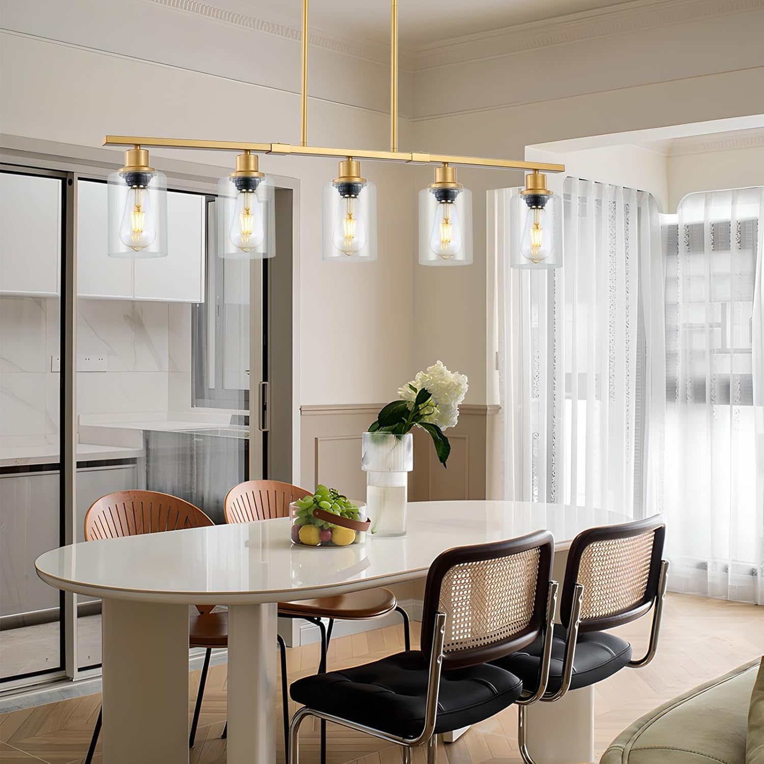 39.4" Kitchen Island Lighting, 5 Lights Clear Glass Pendant Light Fixtue, Golden Linear Metal Chandelier for Dining&Living Room Foyer,Height Adjustable,E26 Socket