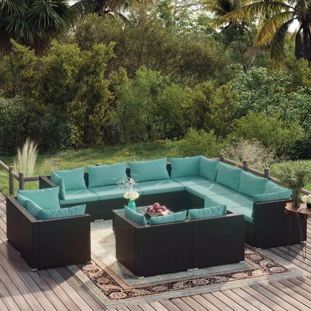 vidaXL Patio Lounge Set 12 Piece with Cushions Garden Outdoor Lawn Yard Terrace Balcony Seat Seating Sofa Furniture Black Poly Rattan