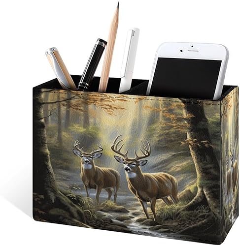 Miniatura 2 de Famame Soporte para lápices de dos ciervos y río de otoño para escritorio, contenedor de escritorio de cuero, para guardar bolígrafos, mesa de