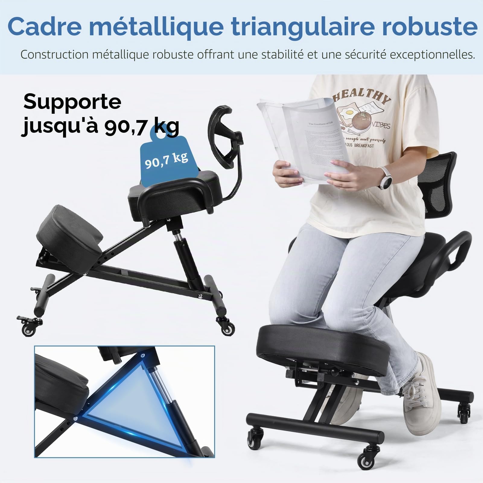 Chaise genoux ergonomique avec dossier | Hauteur réglable de 57 à 67 cm et rembourrage en maille respirante | Repose-jambes 4 positions et siège stable jusqu'à 100 kg Tabouret pour bureau, dessin et