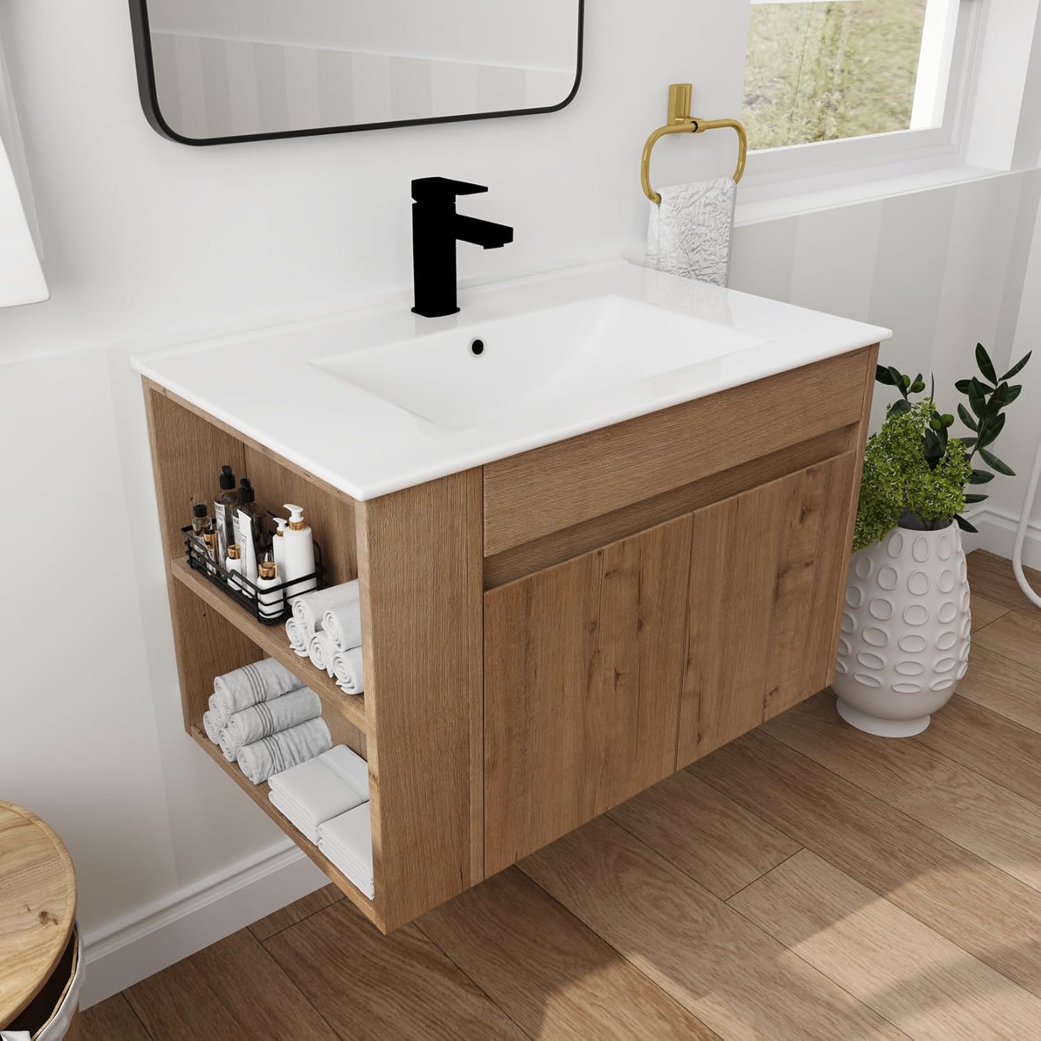 30inch Floating Bathroom Vanity with White Ceramic Sink, Modern Wall Mounted Bathroom Vanity Cabinet with 2 Soft Close Doors & Open Storage Shelf, Bathroom Vanity with Sink Combo Set,Oak