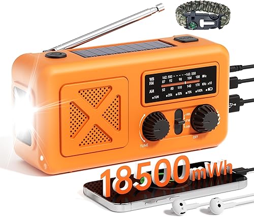 Miniatura 8 de Radio de emergencia con manivela solar, 10000 mAh/37000 mWh, radio meteorológica de emergencia, radios solares de manivela con NOAA/AM/FM, cargador