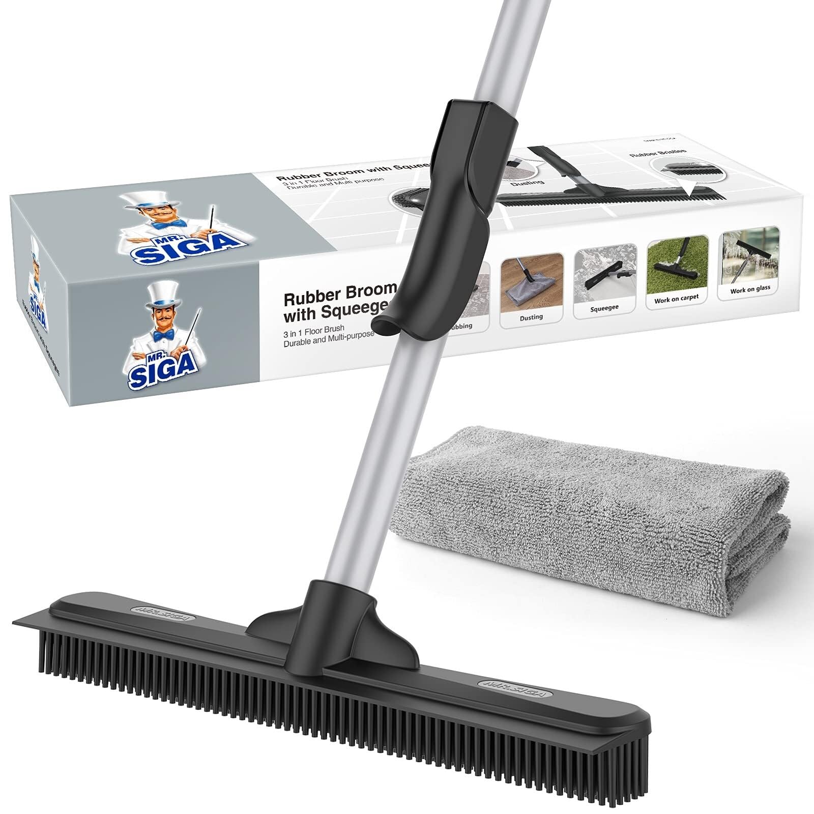 Escoba de goma for quitar el pelo de mascotas con escobilla de goma incorporada, cepillo for pisos 3 en 1 for alfombras, mango ajustable de 61 pulgadas, incluye 1 paño de microfibra for quit
