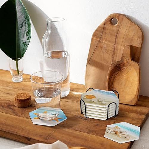 Miniatura 7 de Juego de posavasos de cerámica para bebidas con base de corcho, utiliza 6 famosas conchas de mar y estrellas de mar en la playa del océano, regalos