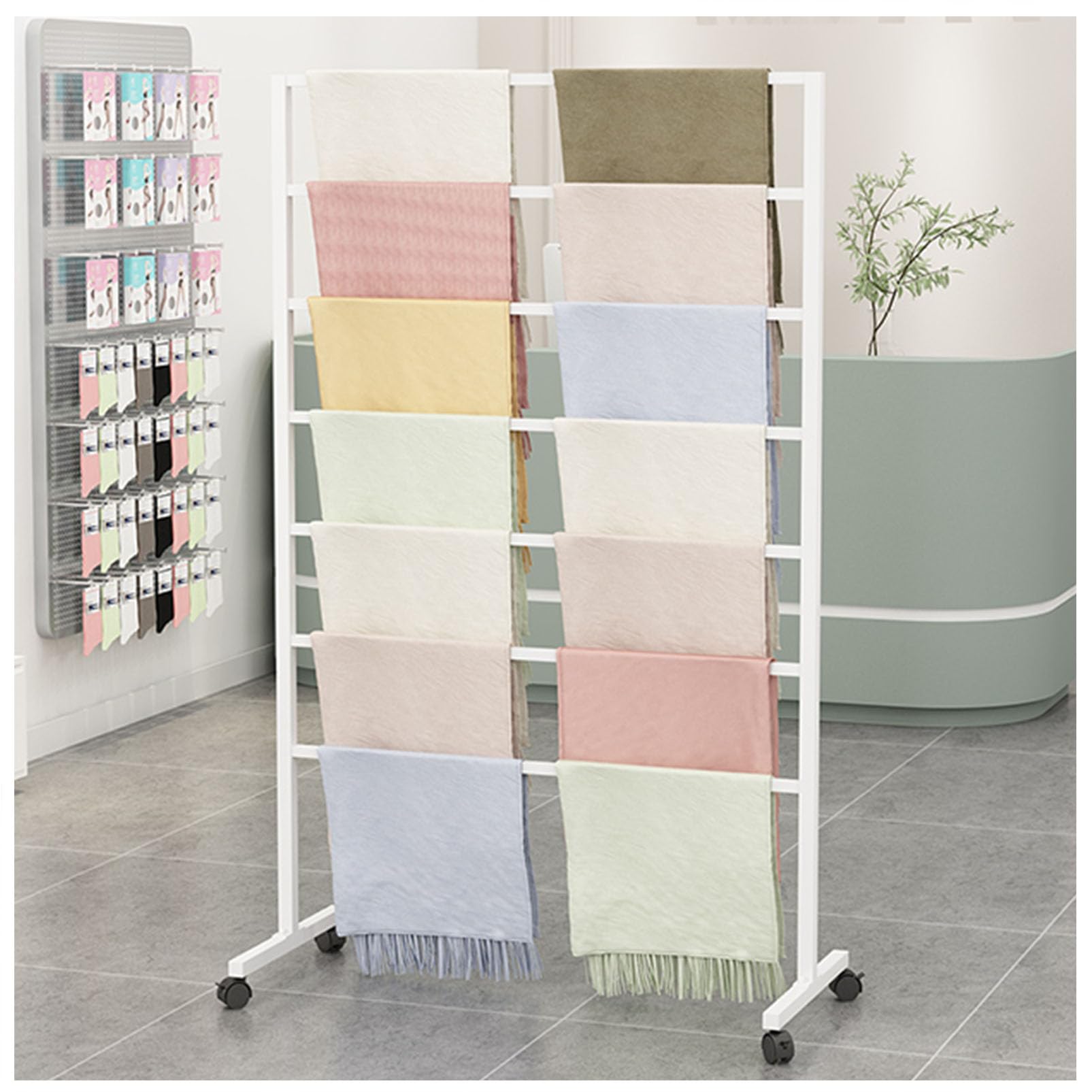 Soporte de pie para Bufandas, Expositor de Joyas, Colgador de Cinturones, chales, Organizador de hijabs, Soporte Multiusos, Percha portátil y extraíble para rop,White-80x40x145CM