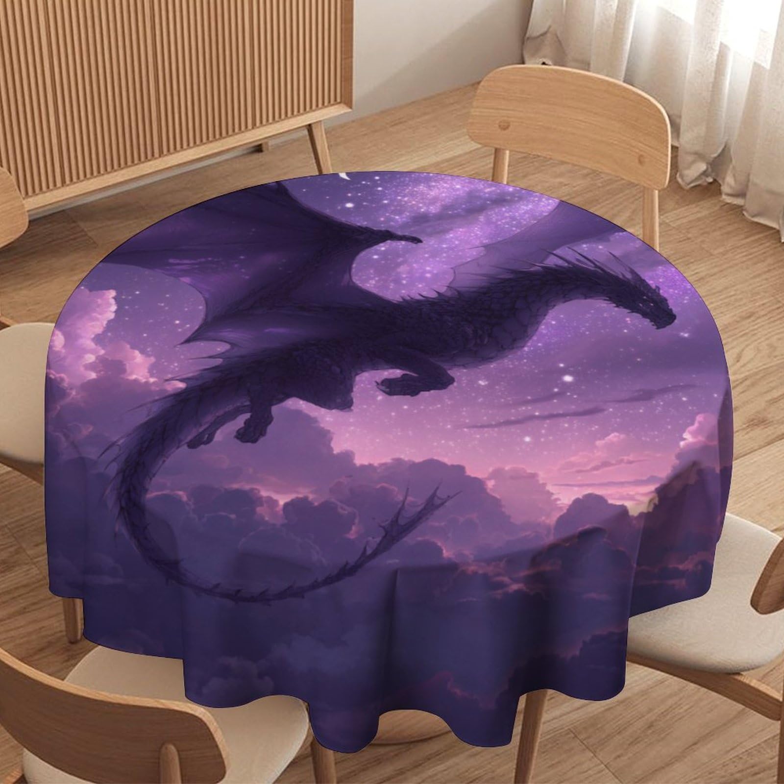 LUYYSKY Cool Funny Purple Dragon Round Tablecloth Retro Watercolor Starry Sky Sea Fantasy Animal Dragon Pattern Washable Decor for Table Cover for Kitchen-91.4" Wx91.4 L cm
