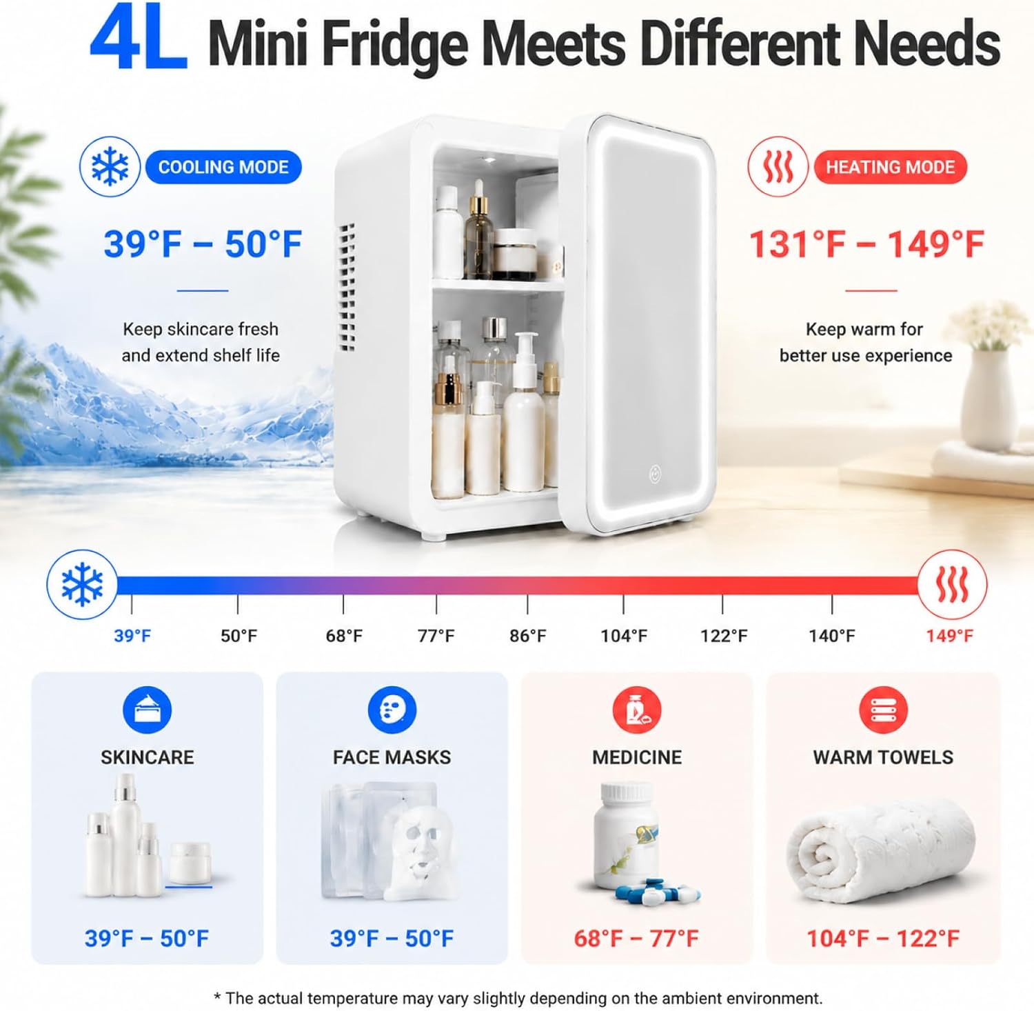 4L / 6Cans mini skincare fridge with Dimmable LED Light Mirror, Mini Fridge for Skin Care, Cosmetics, Beverage, Beauty Fridge for College Dorm, Office, Home, Car, Travel cooler and warmer (white)