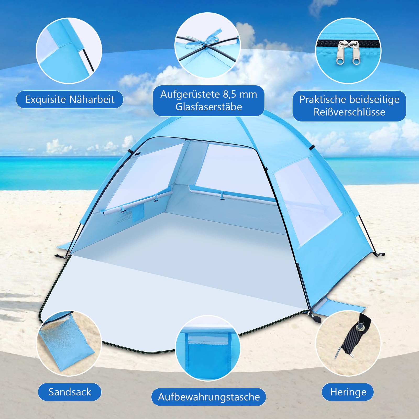Strandmuschel für 1-3 Personen, Strandzelt mit UV-Schutz 50+ Windschutz, Stabiles Sonnenschutz Strand Zelt, Beach Tent with Carry Bag mit kleines Packmaß für Baby Kinder Familie Camping Garten Strand