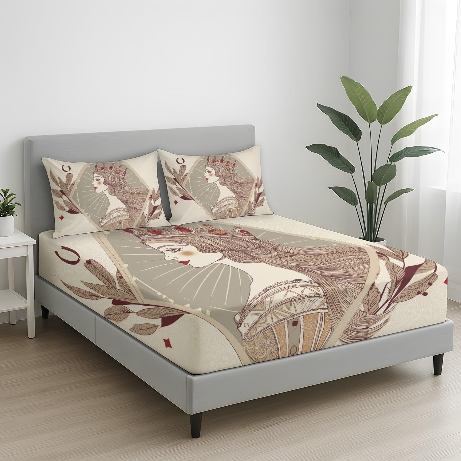 Vintage Menschen Spannbetttuch Elegant Königin Krone Spannbettlaken 200 x 200 x 30 cm 3teilig Mikrofaser Bettwäsche Set mit 2 Kissenbezüge 80 x 80 cm Kein Flachbettlaken