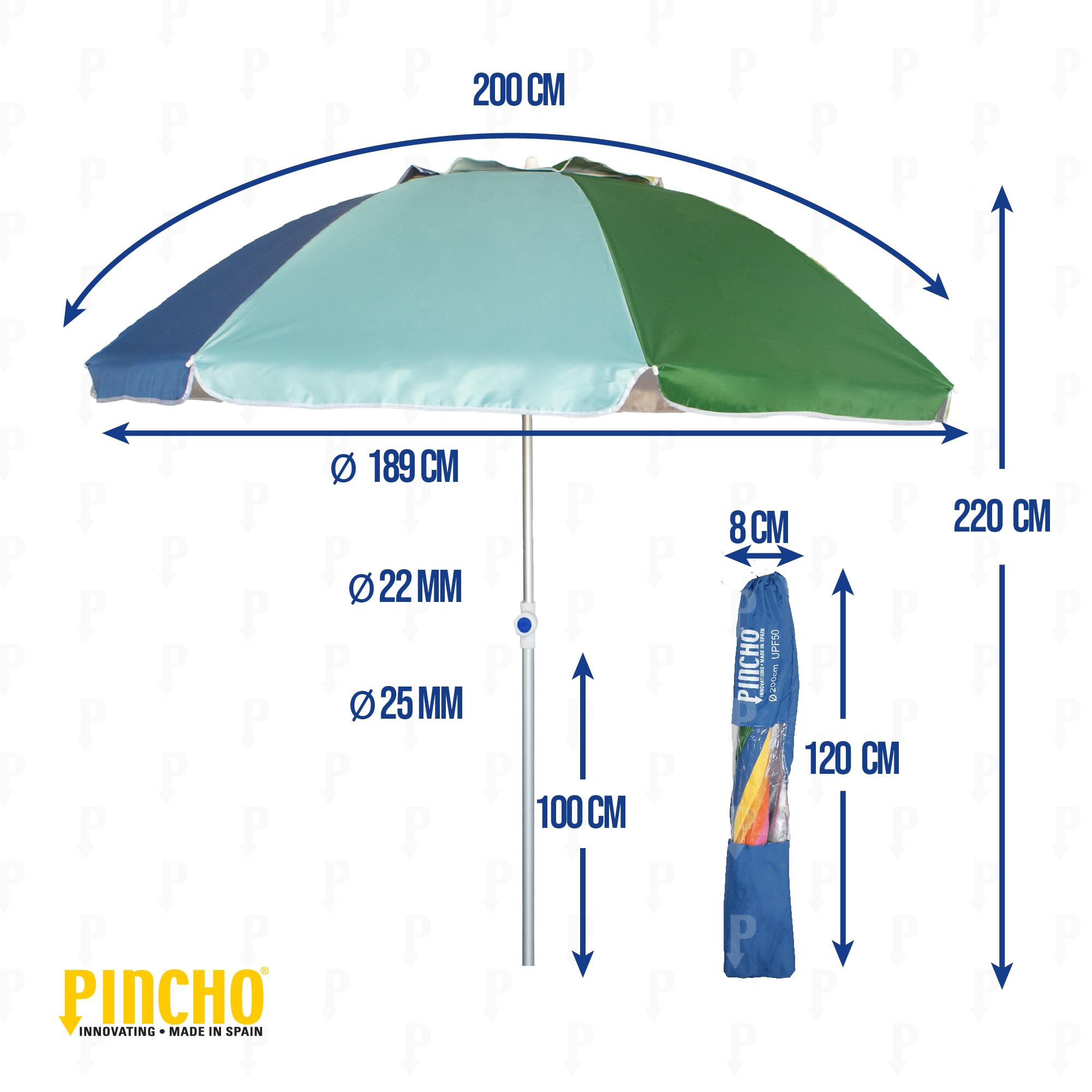Pincho Parasol de plage 200 cm avec protection UV50+, hauteur réglable, type perçage inclus, 8 baleines anti-vent en fibre de verre, tube aluminium, sac de transport