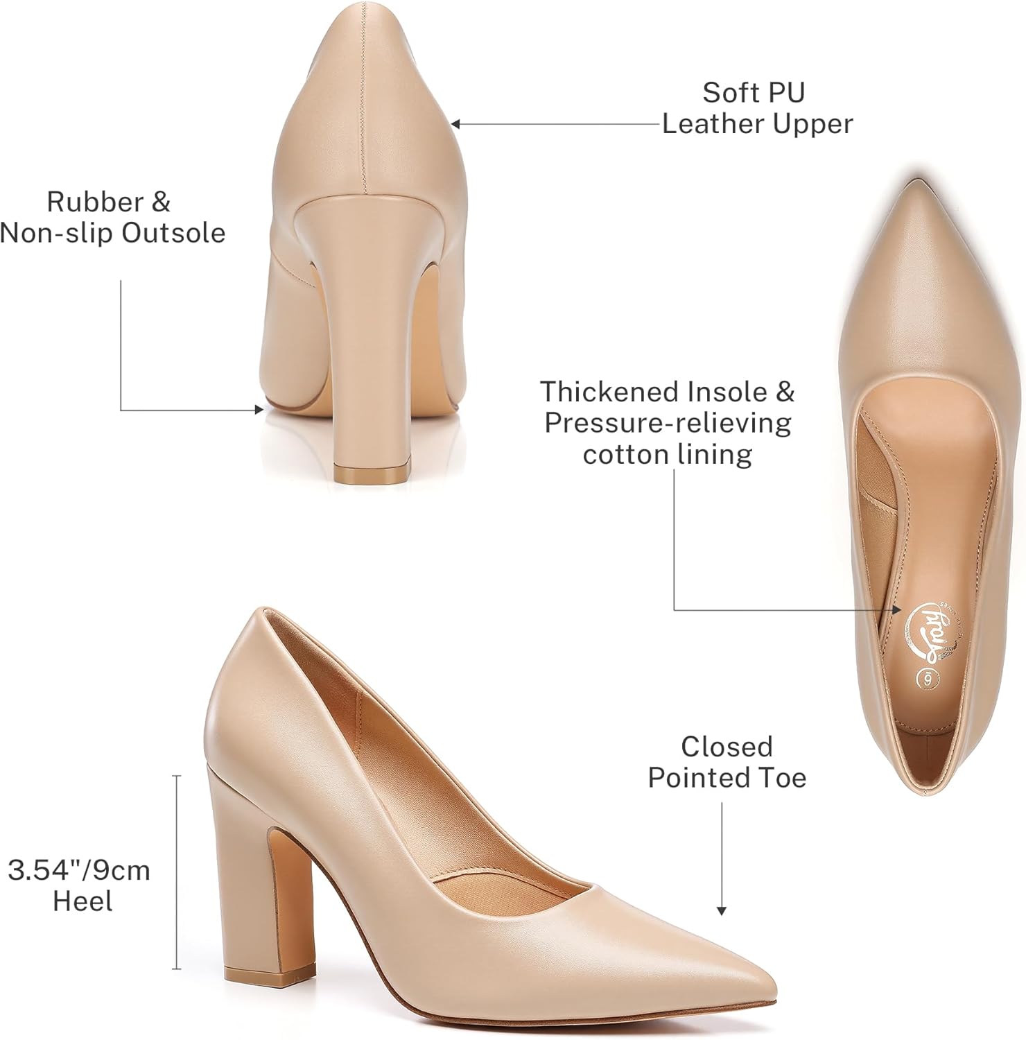 Trary Heels for Women Closed Pointed Toe Chunky Pumps Shoes Women Block High Heels Comfortable Slip-On Dress Office Party Wedding Shoes 3.54" Heel - Image 5