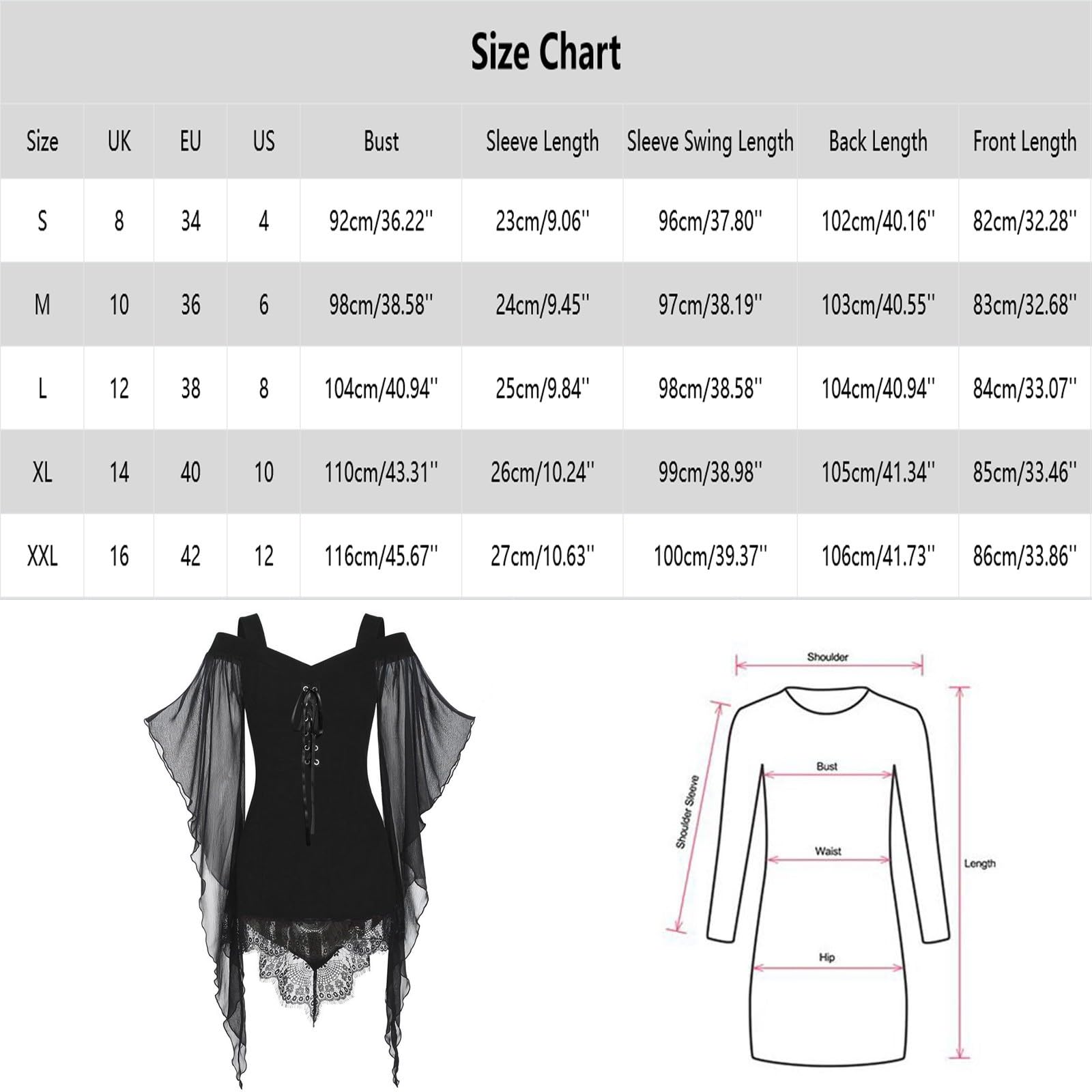 Costume per Halloween, carnevale, feste a tema, cosplay, abbigliamento in pizzo, da donna, maniche corte, gotico, con cuciture in pizzo, senza spalline, cuciture in pizzo irregolari