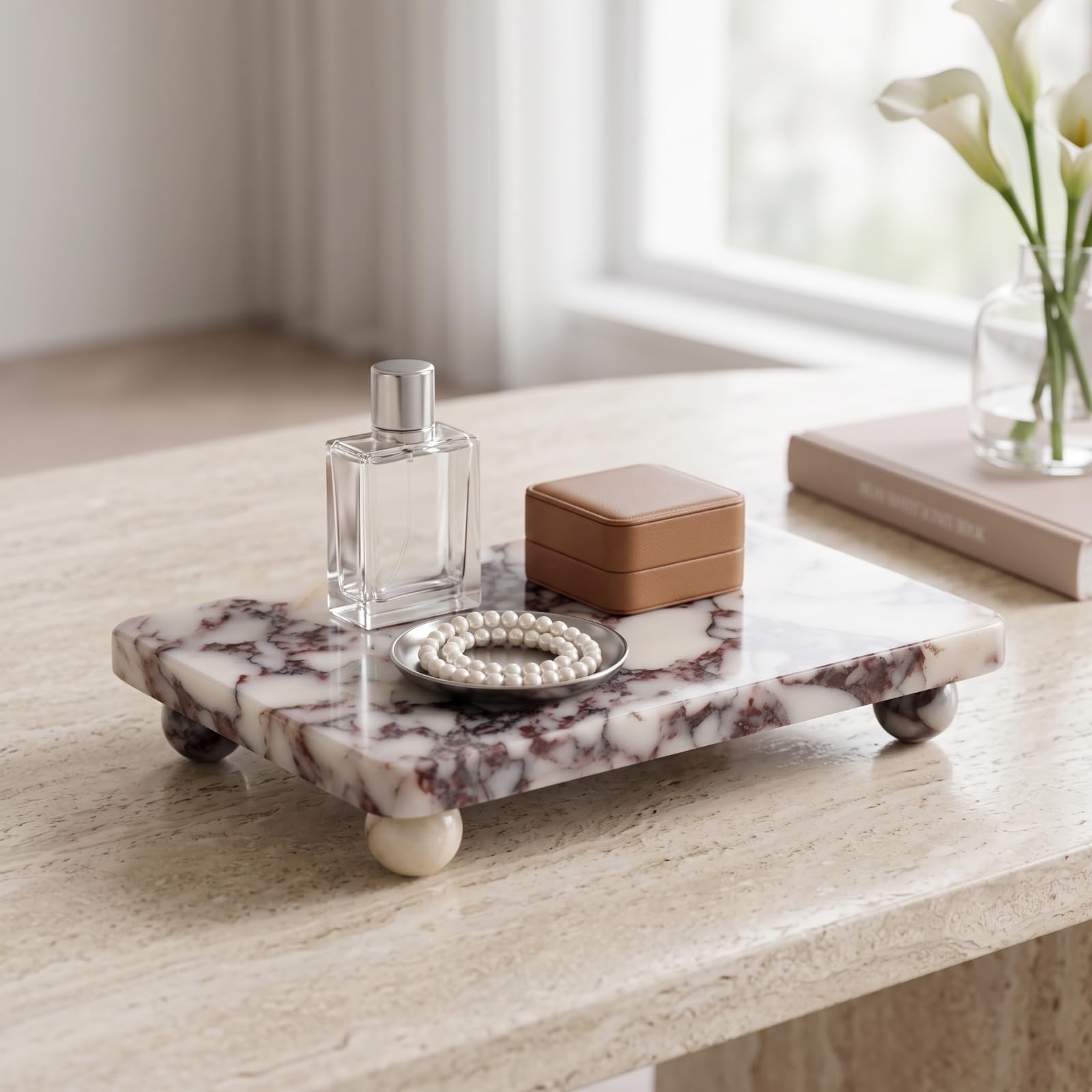 Plateau en Marbre Décoratif | Structure Stable, Plateau Pieds, en Marbre, pr Coiffeuse, Commode