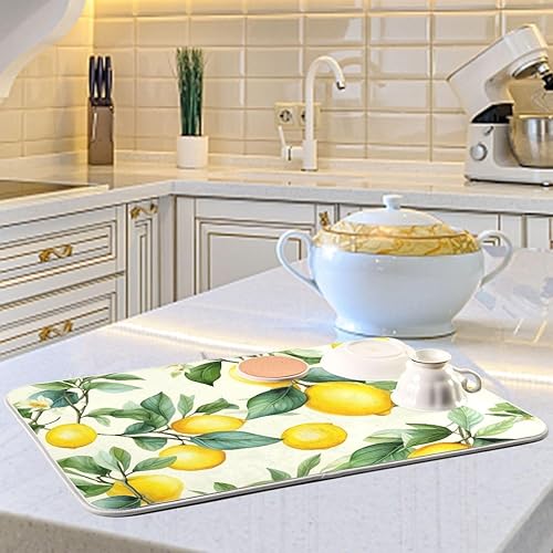Miniatura 6 de Tapete de secado de platos de hojas verdes limón vintage de 16 x 18 pulgadas, tapete de secado rápido de microfibra resistente al calor