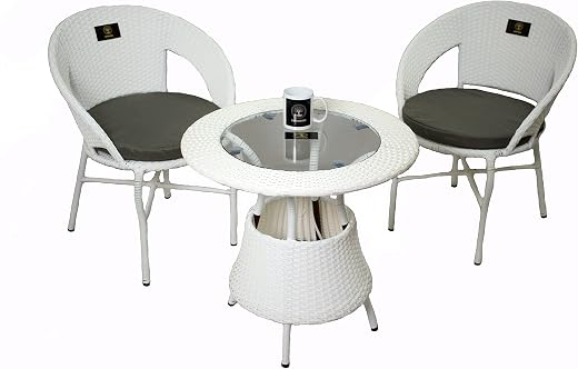 Brookwood - Outdoor Furniture Patio Set - (2 Chair's &amp; 1 Table, with Grey Cushion - White)