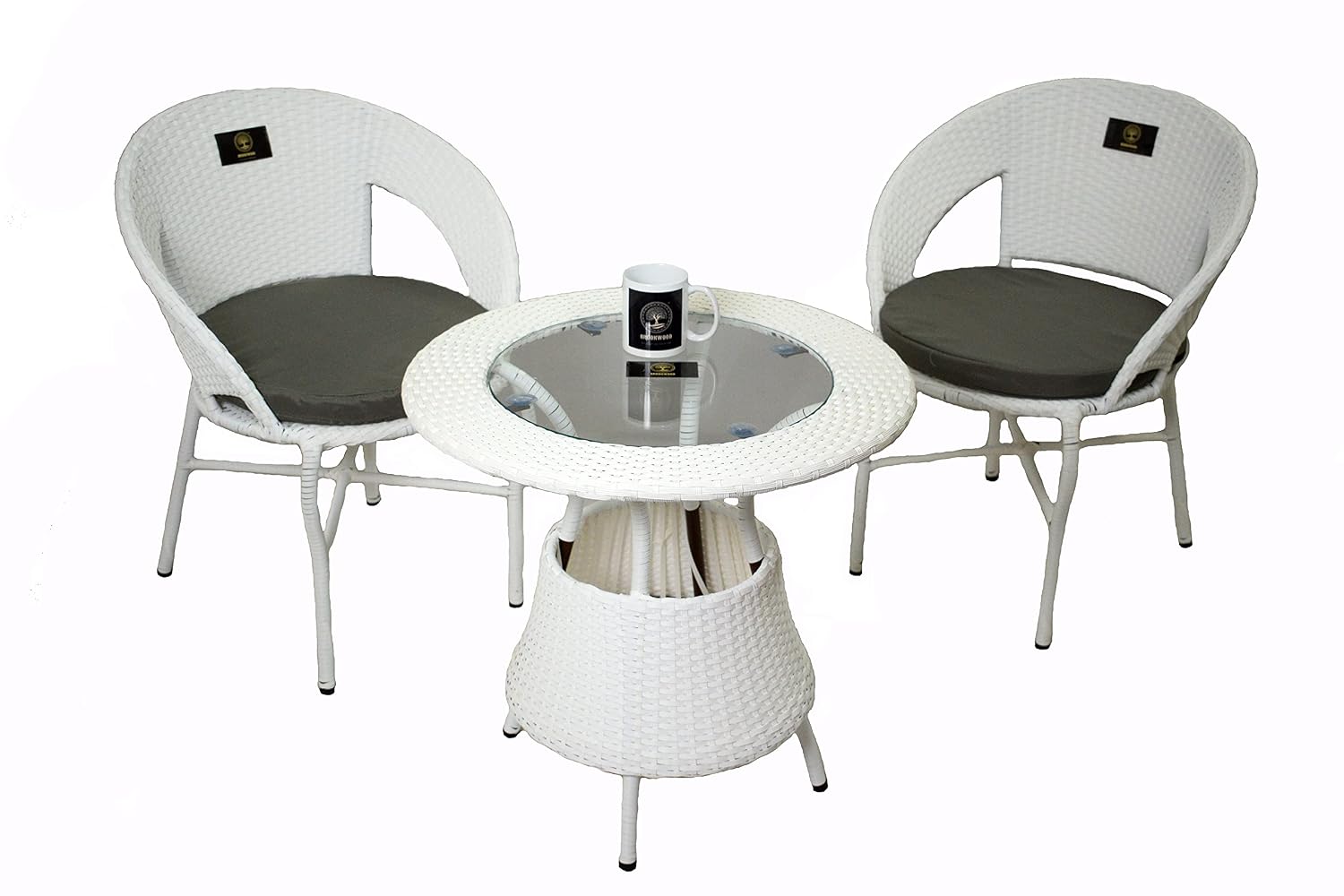 Brookwood - Outdoor Furniture Patio Set - (2 Chair's & 1 Table, with Grey Cushion - White)