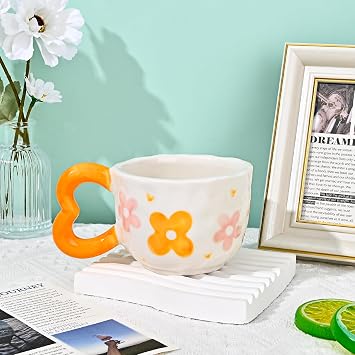 Koythin Ceramic Coffee Mug, Cute Creative Heart Handle Mug Design for Home and Office, Dishwasher and Microwave Safe, 10.5 oz/300 ml for Latte Tea Milk Orange Flower