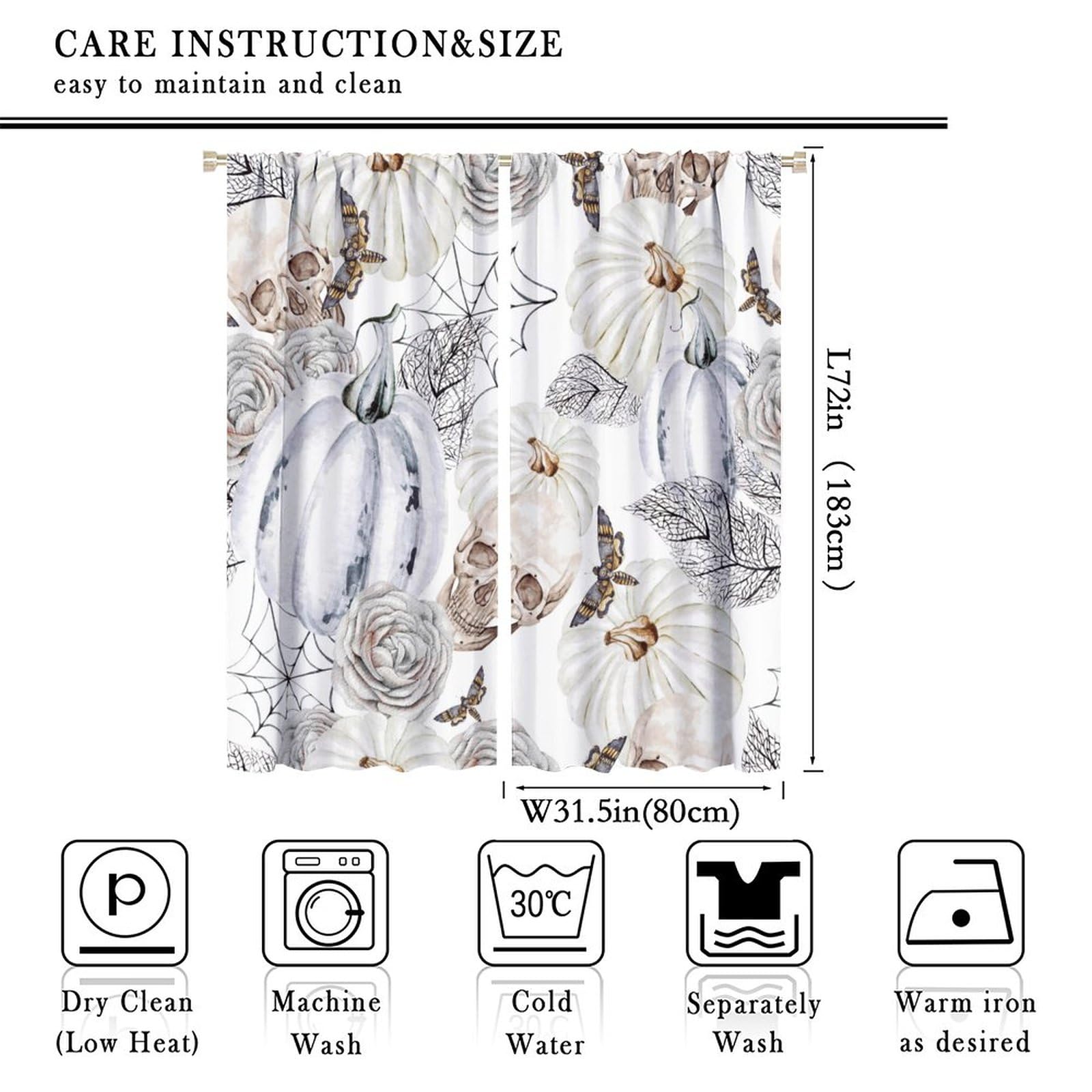 Halloween Pumpkin Curtains, Fall Thanksgiving Scary Skull Skeleton Flower Rose Gothic Style Window Treatments Curtains for Living Room Bedroom Kitchen Bathroom W72xL63in